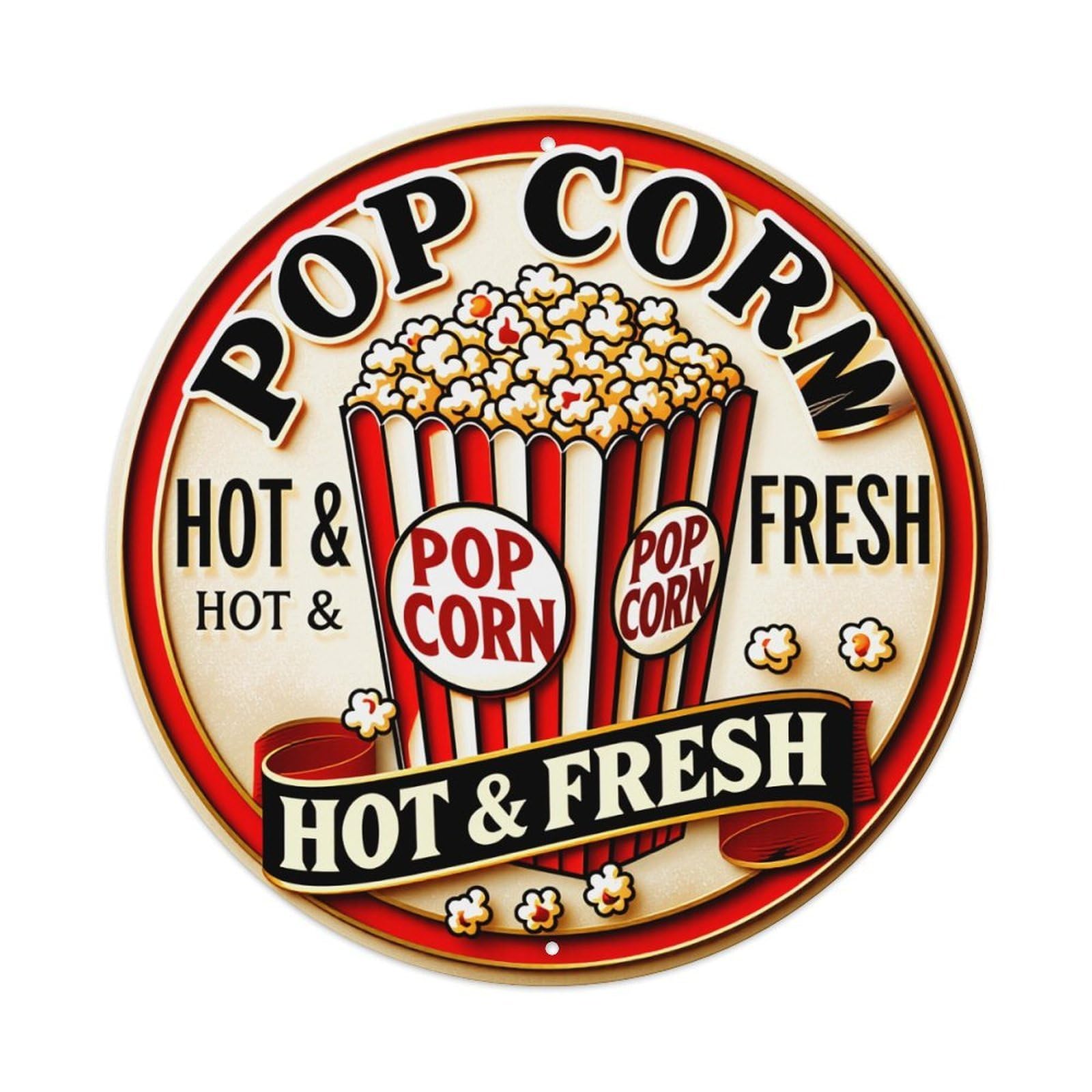 Wmlzdnwr Vintage Pop Corn Hot Fresh Red White Stripes Popcorn Bucket Round Tin Sign,Retro Wall Art,Metal Poster For Home, Bar, Garage, Cafe, Rustic Indoor & Outdoor Decor, 8X8 Inches
