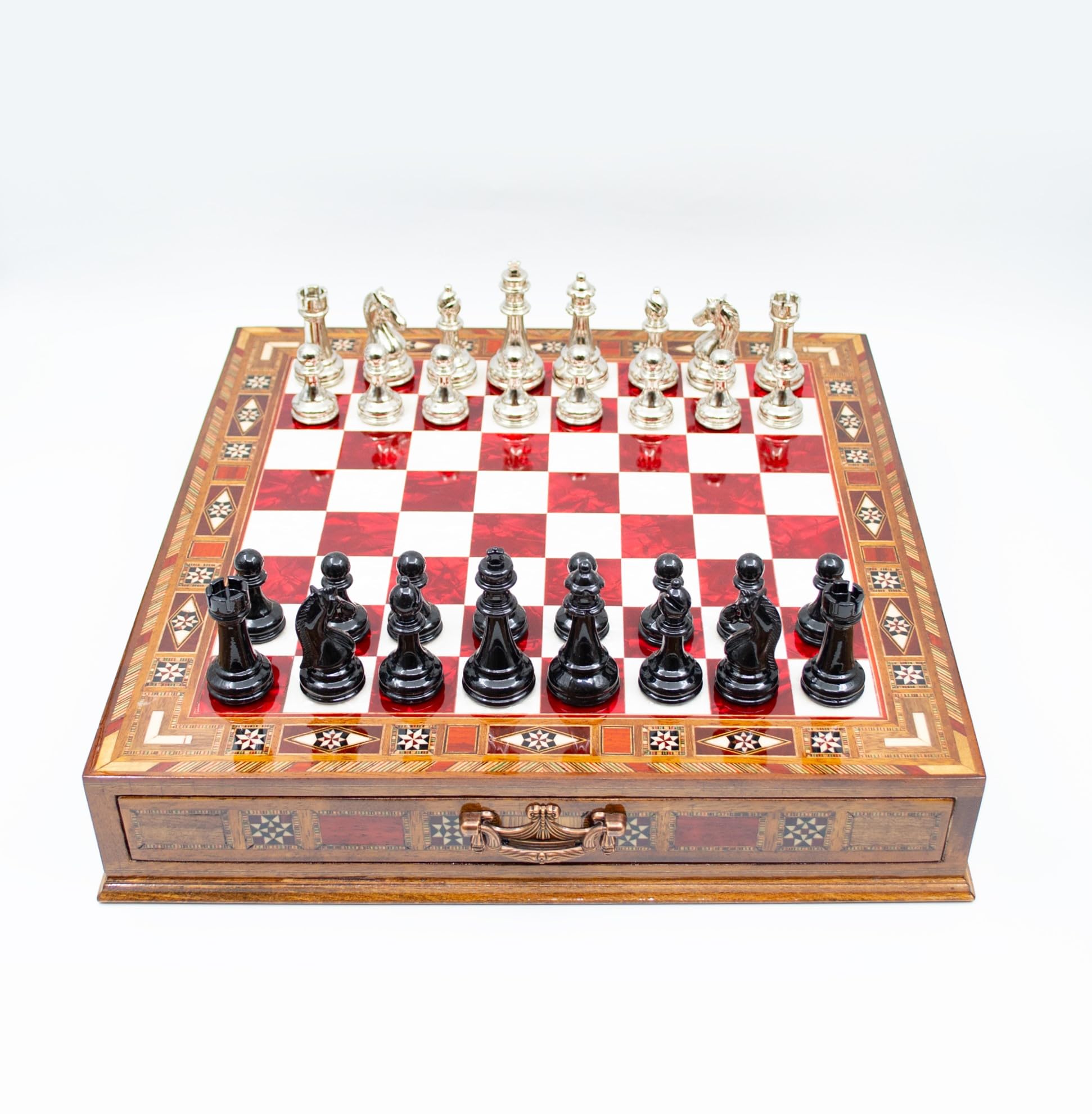 GrandGiftStore Handmade Chess Set with Drawer And Black-Silver Chess Pieces, Wooden Chess Board with Storage, Premium Chess Set/Red