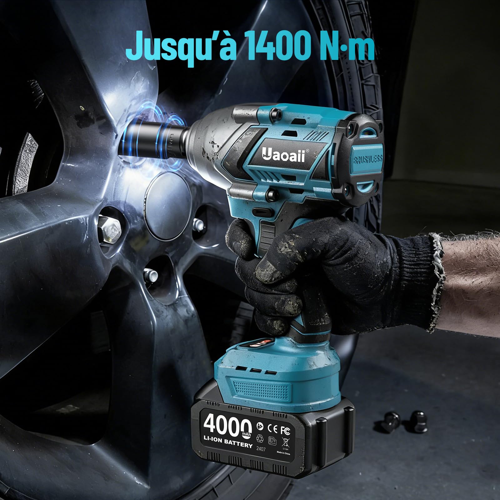 Clé à choc sans fil 1400 Nm 1/2", moteur brushless puissant, 2 batteries 4000mAh avec chargeur rapide, 21V Visseuse à Chocs avec 17-19-21-24 mm + rallonge 5", idéale pour voiture, camion