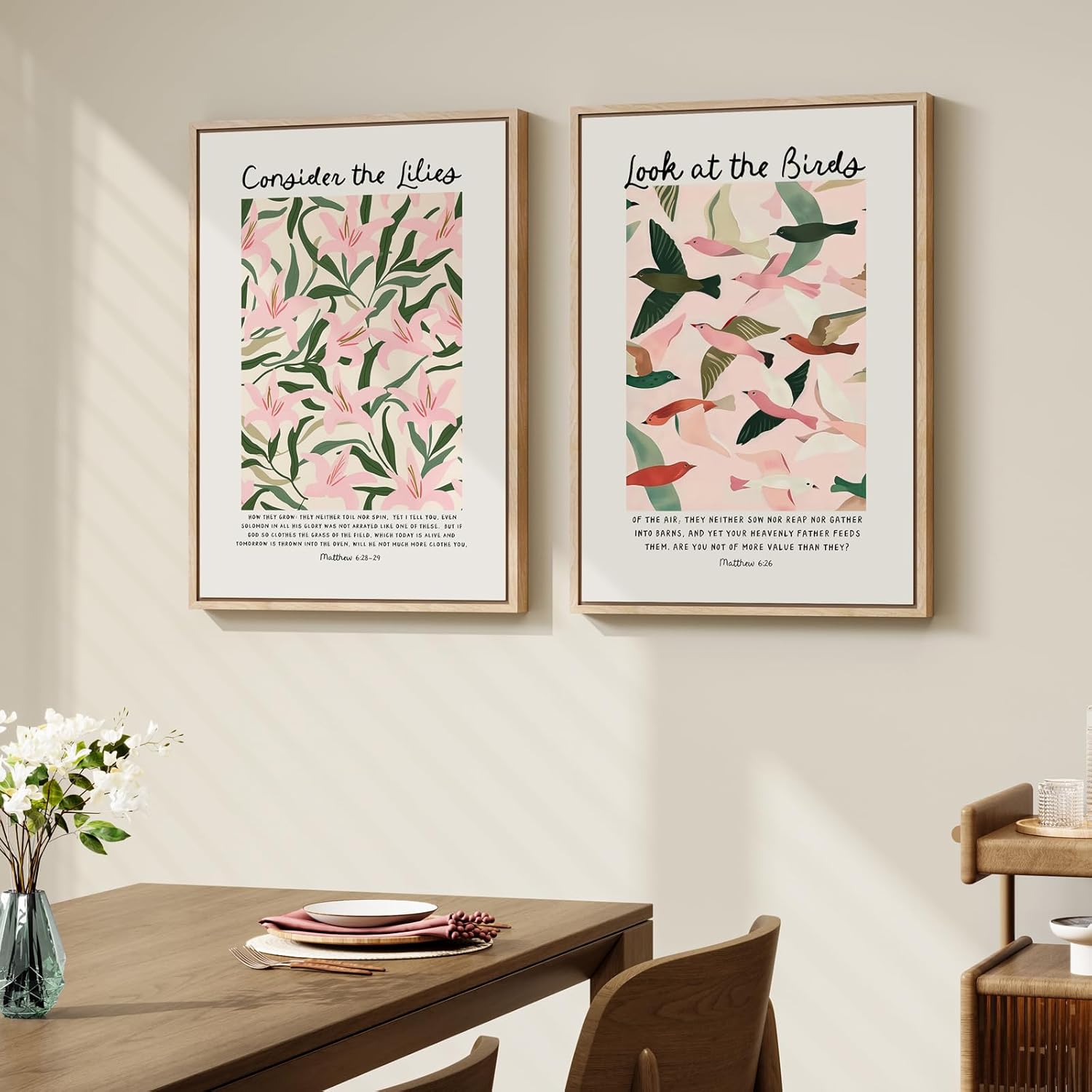 Framed Christian Wall Art, Set of 2 Modern Inspirational Pastel Pink Flower and Bird Bible Verse Canvas Prints, Matthew 6 Scripture Artwork for Living Room, Bedroom, Nursery, Girly Room, 16x24 In 16" W x 24" H x 2Pcs Matthew 6
