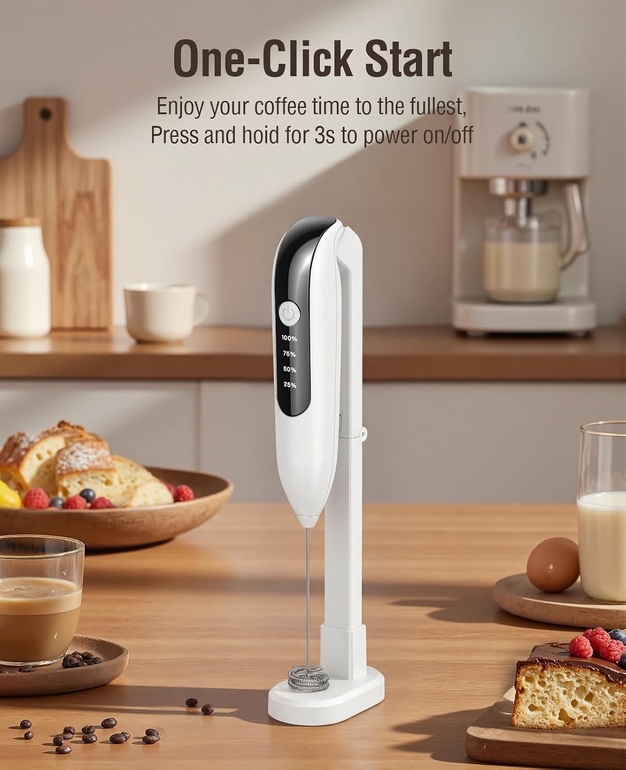 Dynooper 3 in 1 - Electric Whisk Milk Foamer, Electric Whisk Foam Maker for Coffee, Lattes, Cappuccino, Matcha, Hot Chocolate & Creamer - Ceramic White