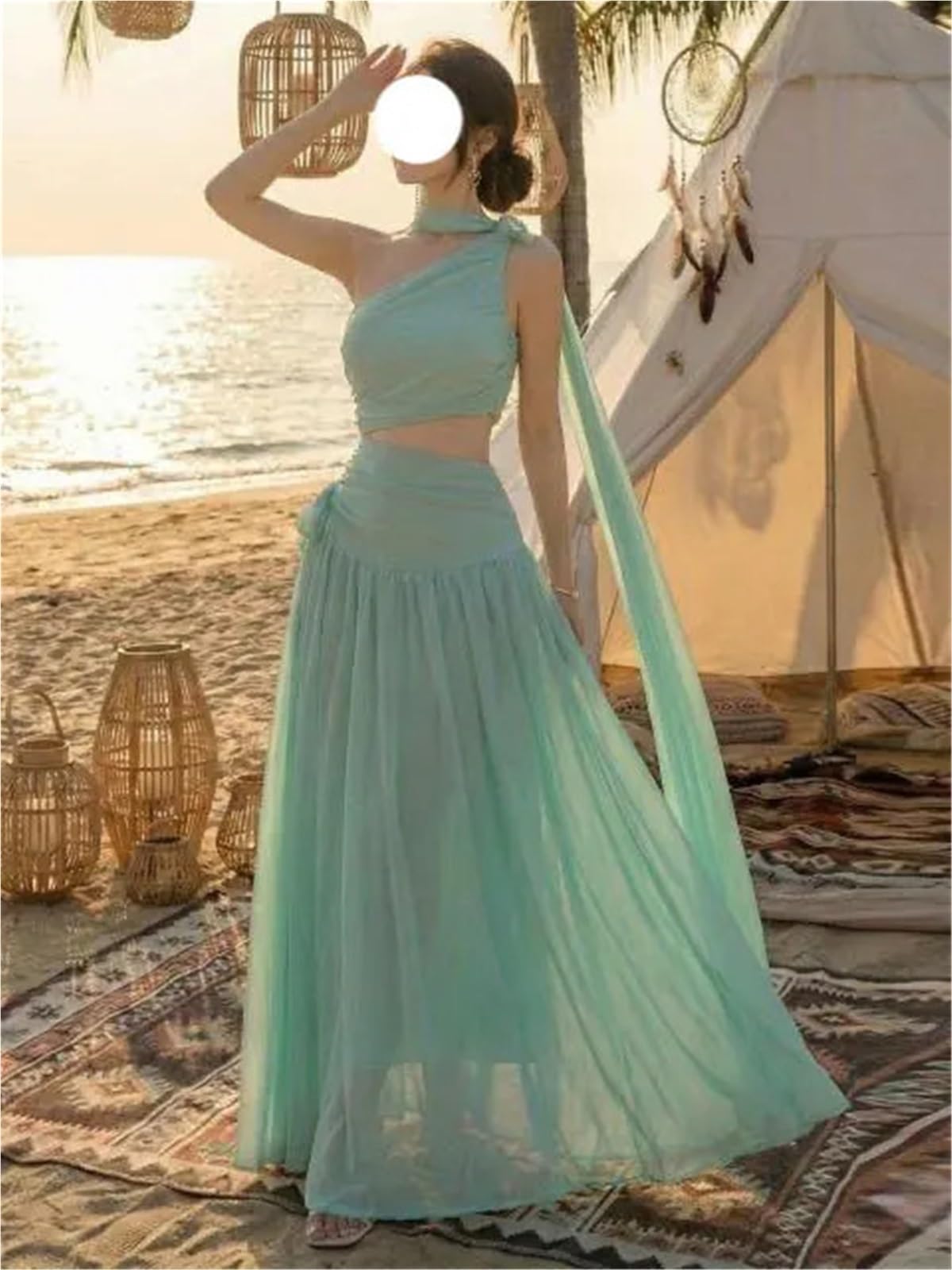 Vestido de Playa Verano for Mujer, Vestido Gasa sin Mangas con Hombros Descubiertos, Falda Irregular Cintura Alta Informal for Vacaciones, Estilo Cremallera