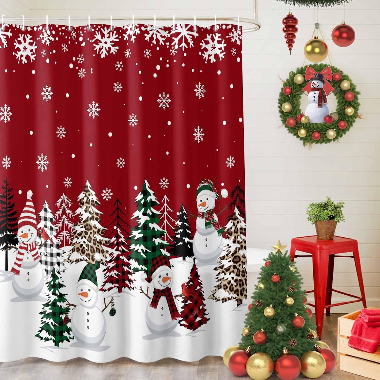 Red Christmas Snowman Shower Curtain Set - Standard 72" x 72" Xmas Tree Washable Bathtub Curtain, Winter Snowflake Waterproof Fabric Stall Shower Curtains for Bathroom/Bathtub Décor