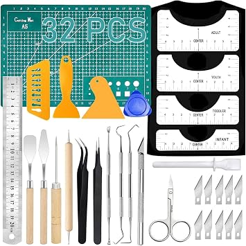 32 Pack Vinyl Weeding Tool Set with A5 Cutting Mat & T-Shirt Ruler Guide | Precision Craft Tools for Weeding Vinyl, Ideal for DIY Heat Transfer Printing, Scrapbook, Sewing and Hobby Artworks