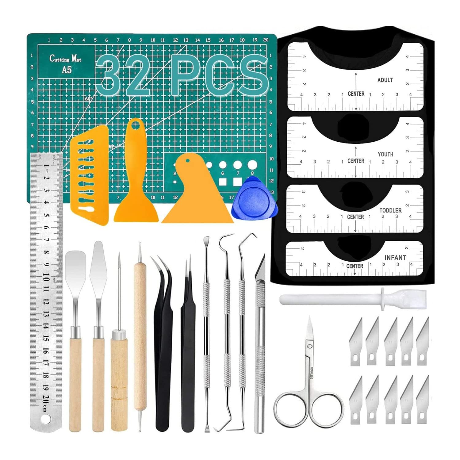 32 Pack Vinyl Weeding Tool Set with A5 Cutting Mat & T-Shirt Ruler Guide