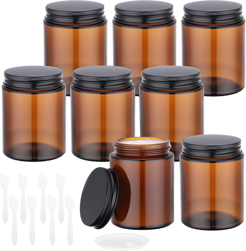 Segbeauty Frascos Redondos de Vidro Âmbar com Tampa, 8 unidades de 150 mL e Espátulas