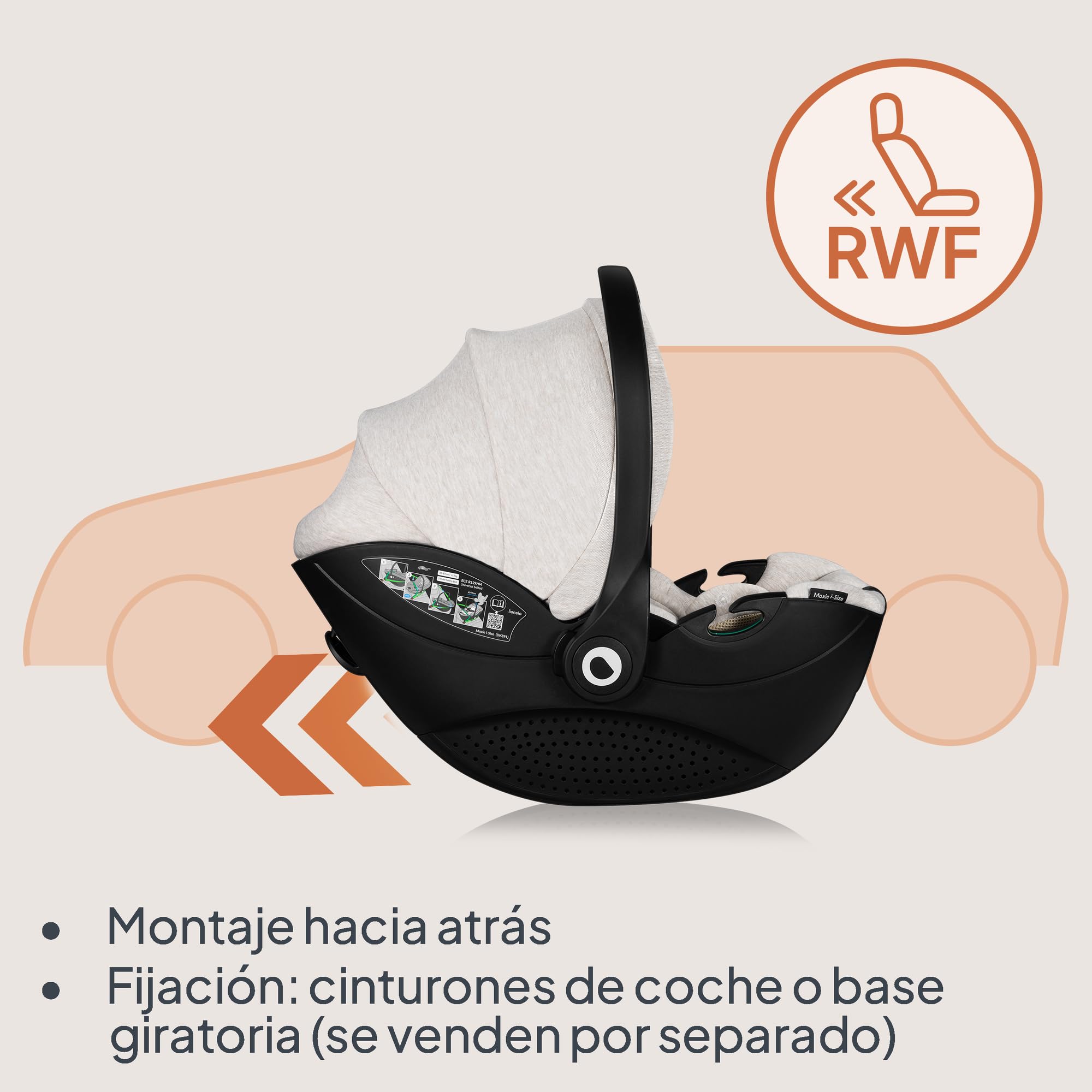 LIONELO MOXIE i-Size Silla de coche infantil 40-87 cm, Portabebés Grupo 0+ En Sentido Contrario a la marcha, Reposacabezas Ajustable, protección lateral i-Size R129. | Retrocedido, reposacabezas ajustable, protección lateral, tamaño i-Size R129