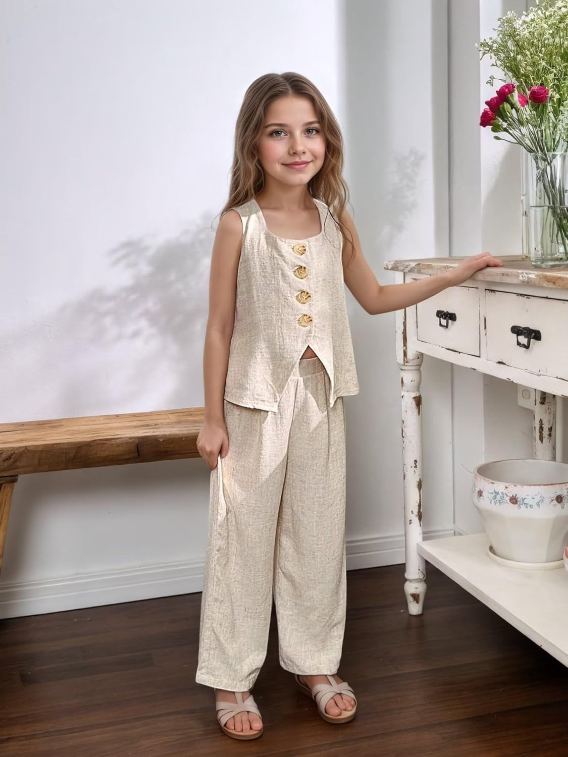 Linen Girls Summer Outfits 2 Piece Girls Pant Sets Leisure Sleeveless Suit Casual Square Neck Vest Pants Outfits