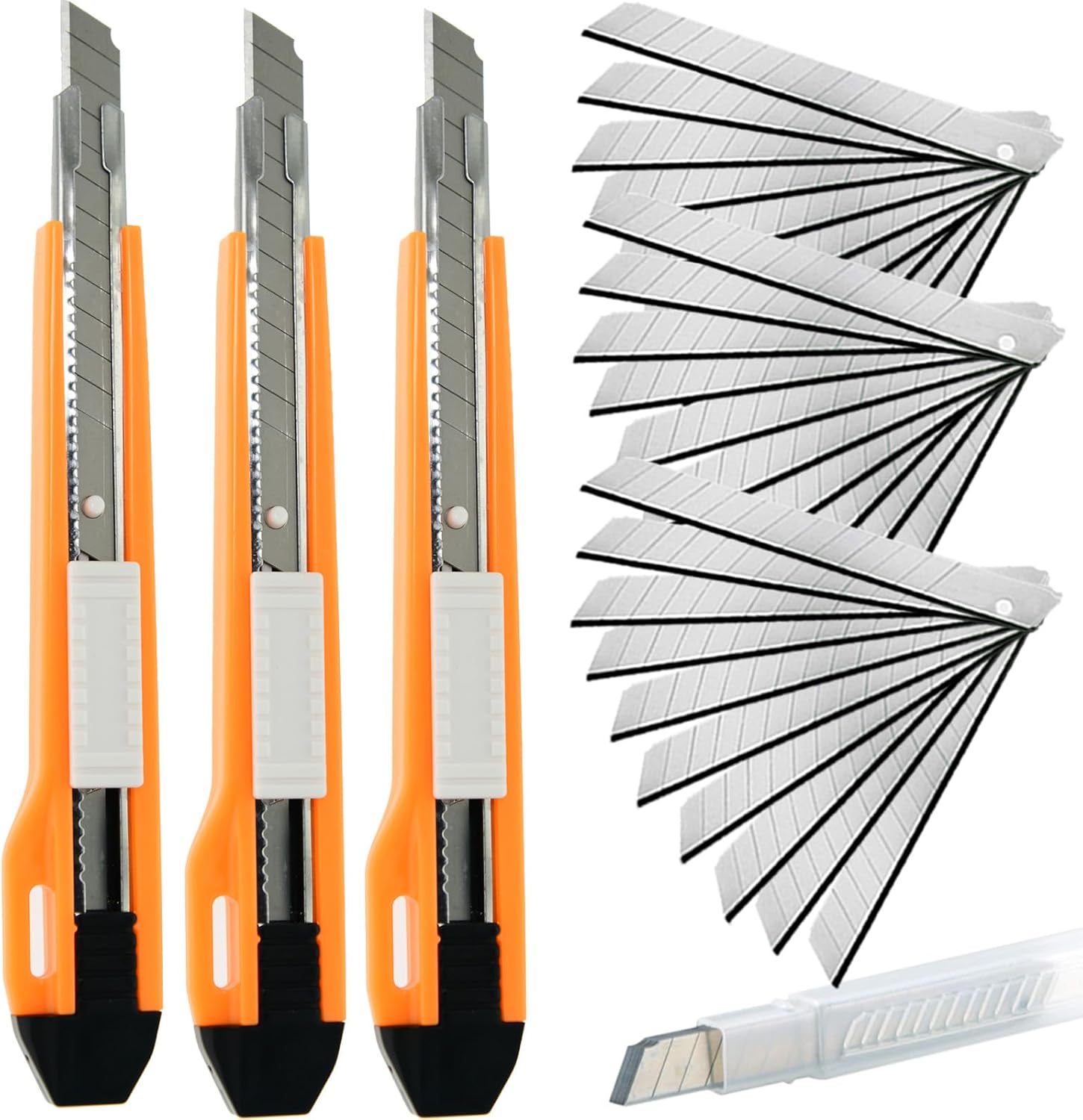 9mm Snap Off Utility Knife High Hardness Retractable Box Cutters with 30 Pcs Snap Off Blades,Pack 3 Art Craft Hobby Cutter 9mm Knife for Home Warehouse Office Workstation,Orange