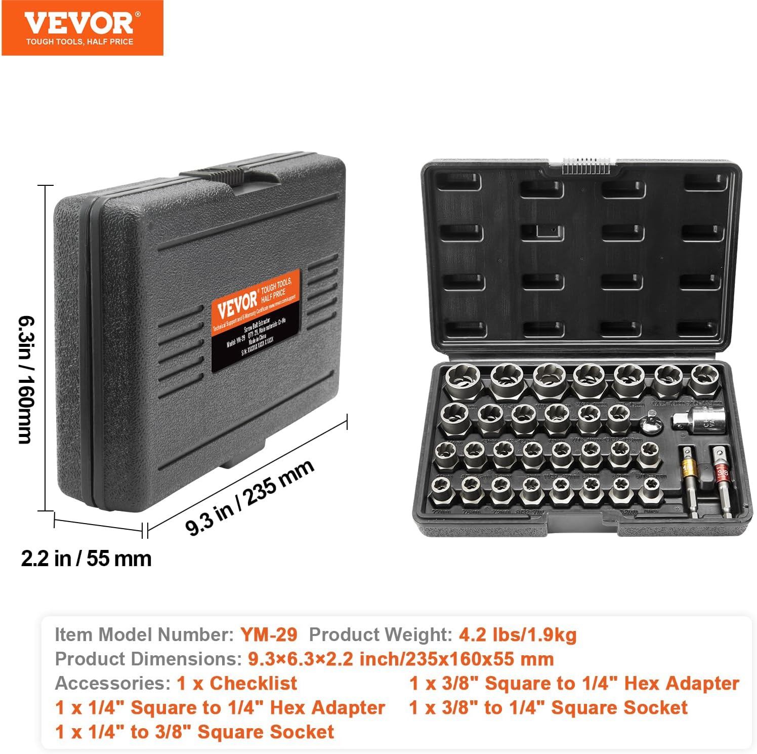 VEVOR Bolt Extractor Set, 33-Piece Bolt and Nut Remover Set, 6mm to 10mm, 13/32" to 3/4", CR-MO Steel Extraction Socket Set with Storage Case, for Removing Damaged Rusted Bolts, Nuts and Screws