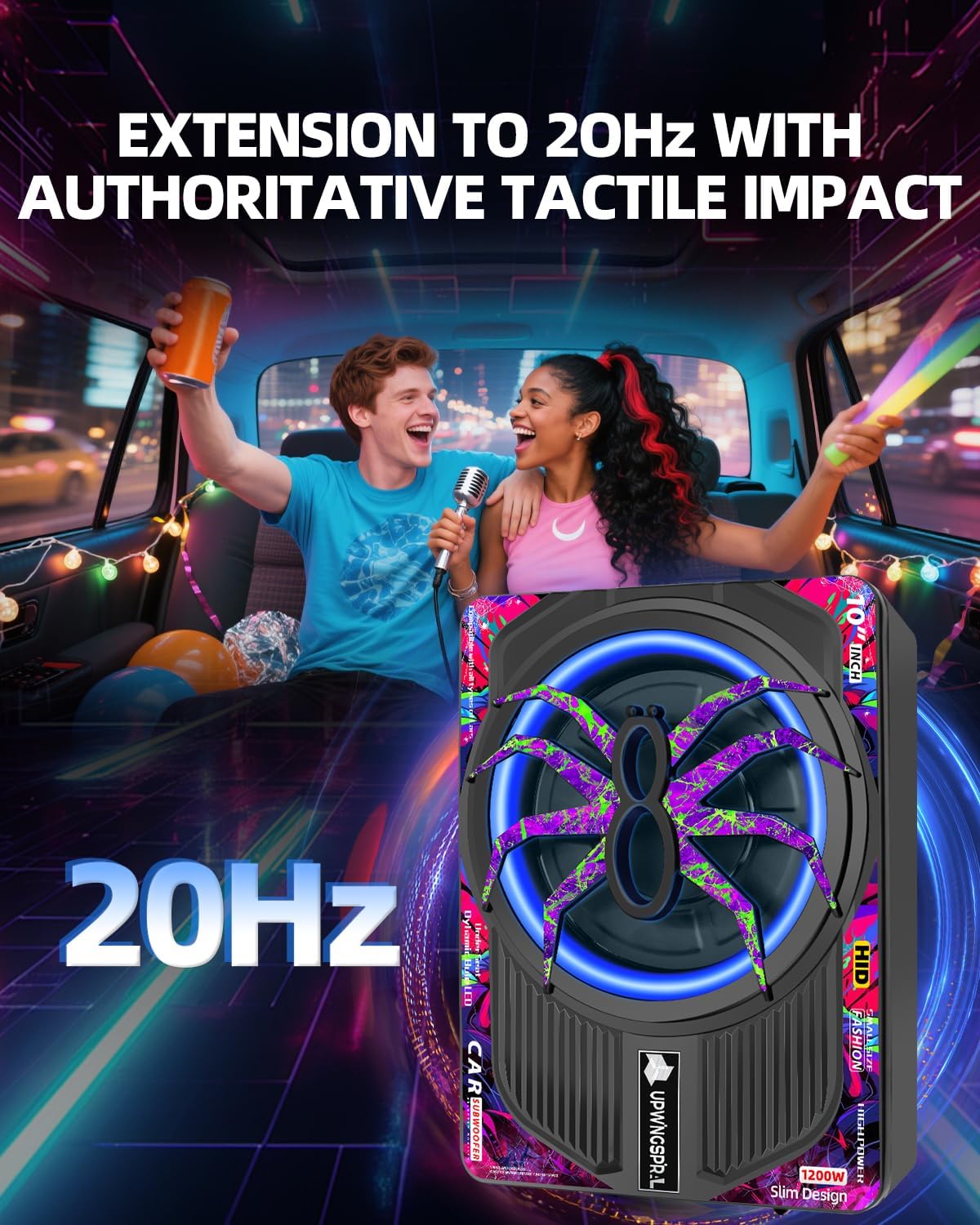 1200W 10" Car Subwoofer, Slim Under Seat Powered Subwoofer and Amp Package with RGB Light, Individual Control for Low Pass/Gain/Boost Bass, Deep Bass Perfect for Truck/SUV/Jeep/MPV