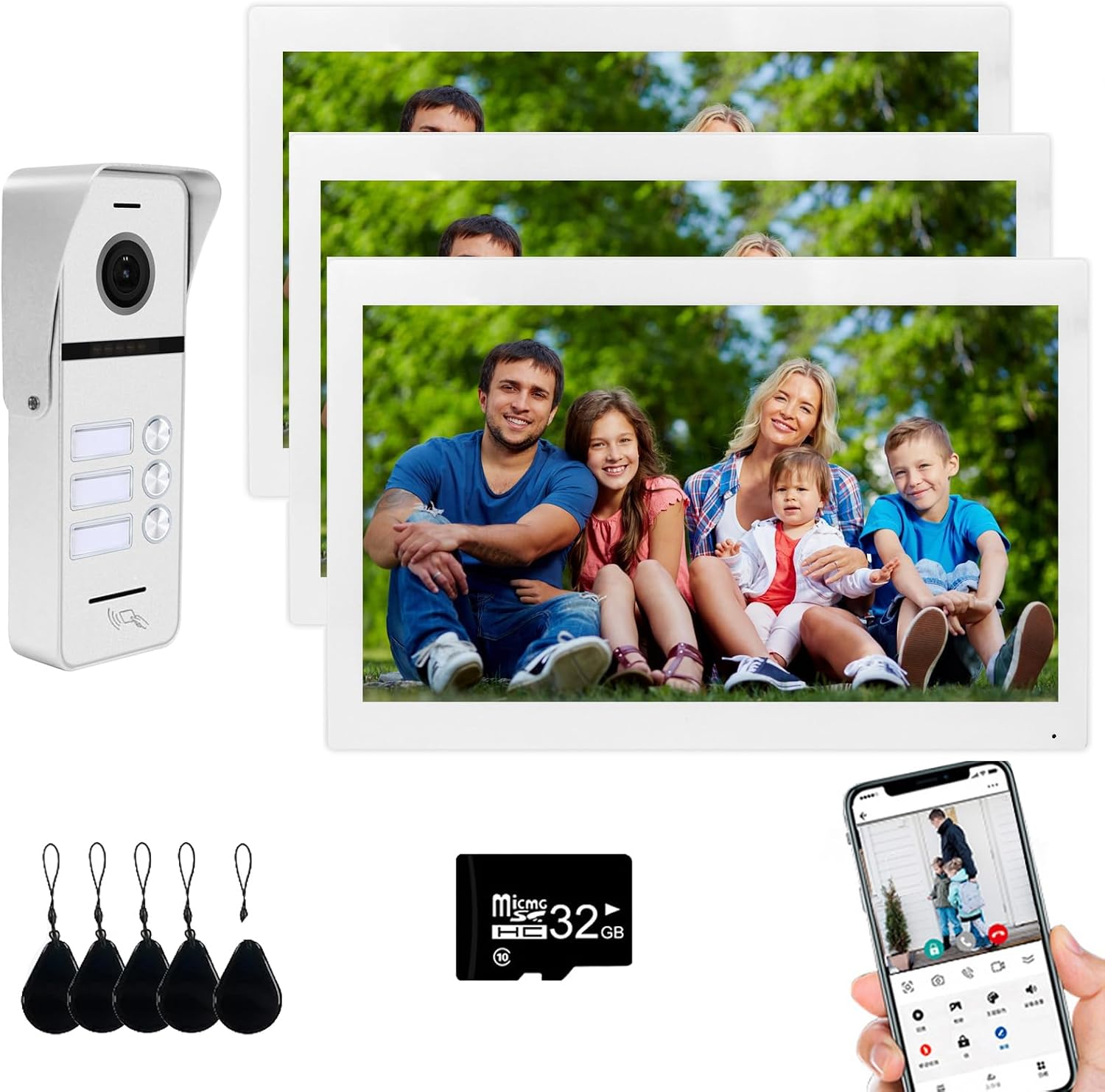 Wired Apartment Video Doorbell System 3 Units 10 Inch Touch Monitor,1080P Wireless WiFi Video Door Phone Kit,Indoor Outdoor Support Monitoring,IC Card Unlocking,Dual Way Intercom for Home Villa