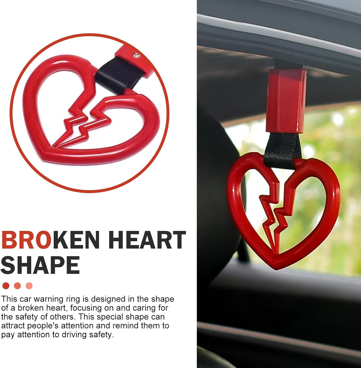 2 PCS Broken Heart Car Handle Strap, Drift Charm Handle Strap, Auto Heart Shape Rear Bumper Warning Hanging Ring, Fashion Love Decoration for Most Cars Trucks Interior and Exterior (Red) image 3