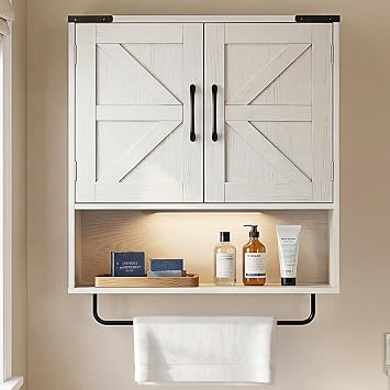 Bathroom Wall Cabinet, Farmhouse Medicine Cabinet with Motion Sensor LED Light & Towel Bar, Over The Toilet Storage Cabinet with Barn Door for Bathroom, Laundry, Living Room, Antique White