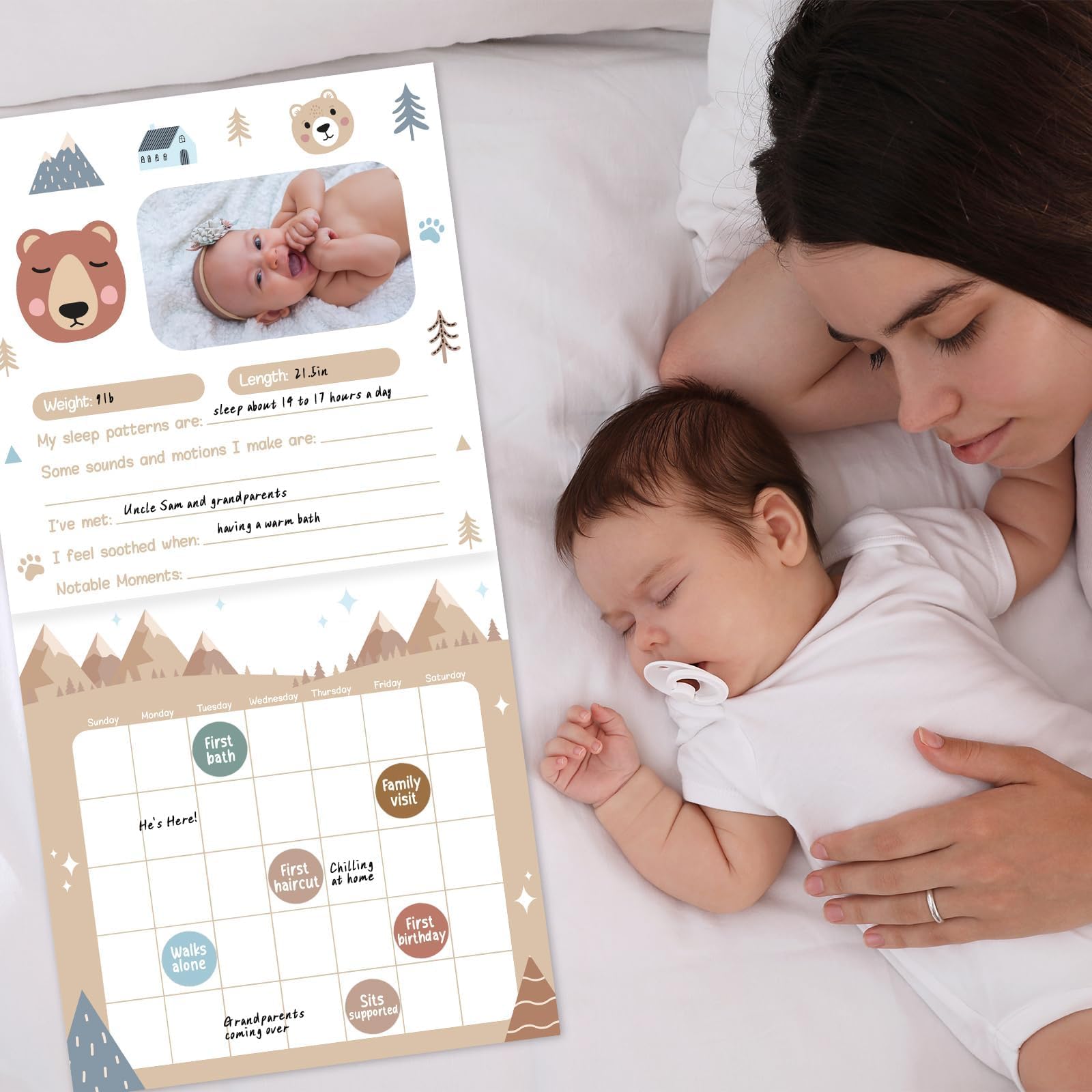 CHUNNIN Little Camper Baby's First Year Calendar with Stickers Woodland Bear 1st Year Tracker First Year Book Baby First Year Milestones Newborn Baby Memory Calendar Keepsake for Baby Girl or Boy