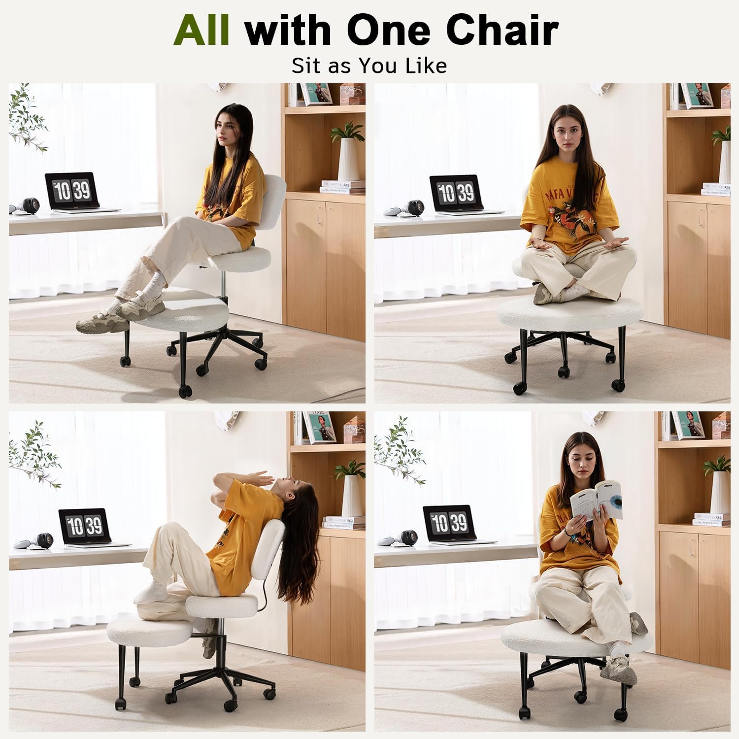 Waleaf Ergonomic Cross Legged Office Chair, ADHD Chair for Adults, Height Adjustable Meditation Chair with Wheels, Teddy Fabric Yoga Kneeling Chairs with Comfortable Back Support (White)