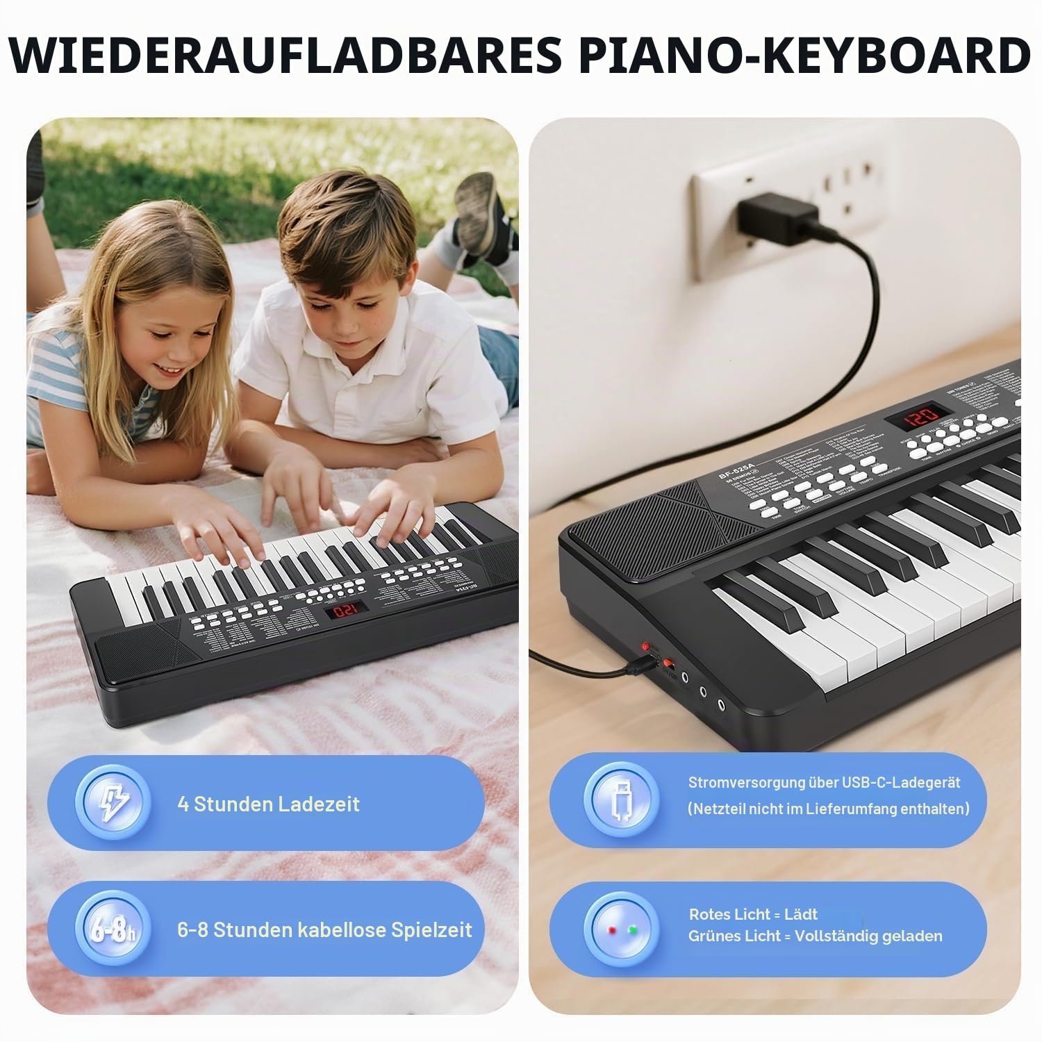 37-Tasten Keyboard Klavier für Kinder Anfänger – 1200 mAh Wiederaufladbarer Akku, Électronique Musikinstrument mit Mikrofon Geburtstag Weihnachten Geschenk, Schwarz