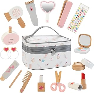 Amtreen Kids Makeup Kit for Girl, Pretend Play for Toddlers 3-5 Wooden Makeup Toy Set, 18 PCS Hair Salon Toys Gifts for 3 4 5 Year Old