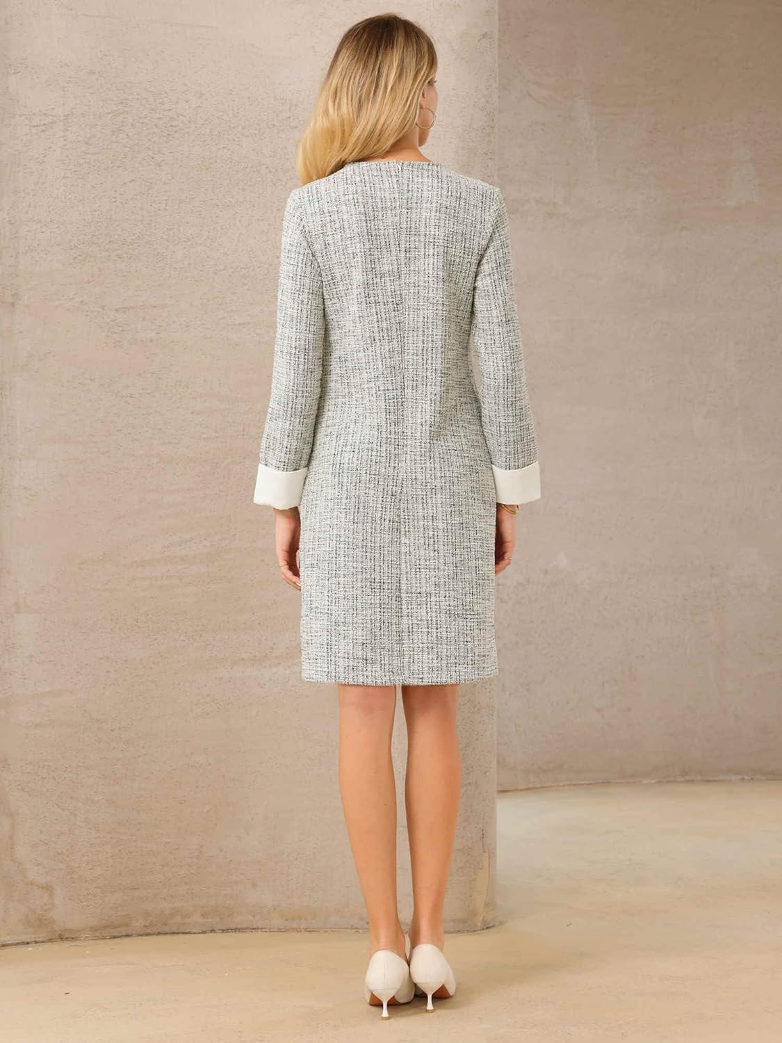 Women's Tweed Dress Formal Work Long Sleeve Sheath Dresses - Image 5