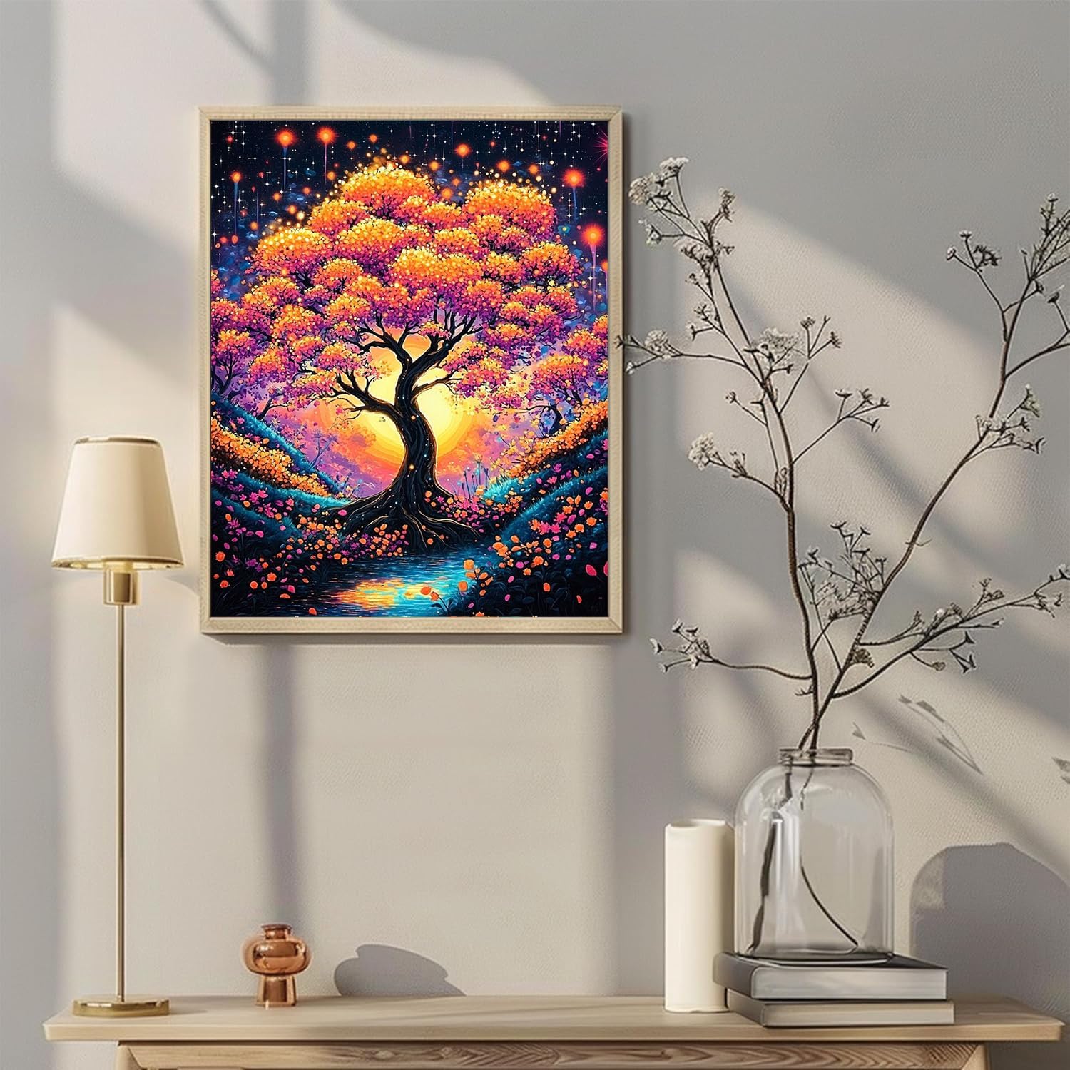 MSTINGSHUN Tree of Life Paint by Numbers Kits 16x20 inch Canvas Colorful Flowers and Stars Pattern DIY Oil Painting for Adults Beginners with Brushes Acrylic Pigment Drawings Gift (with Frame)