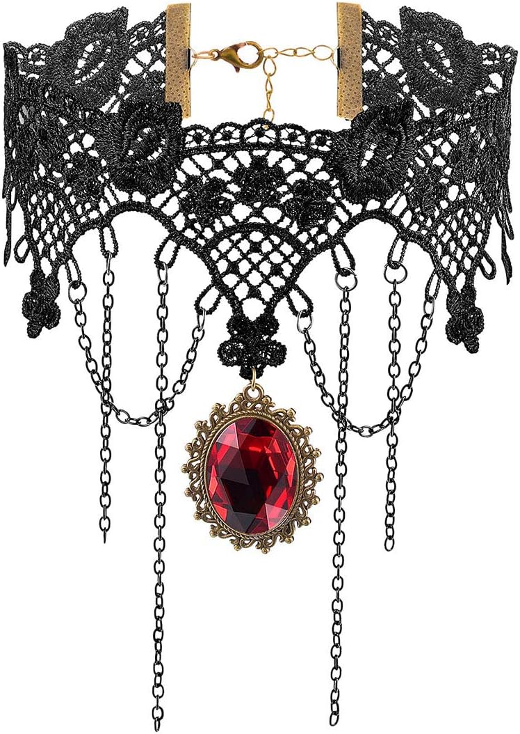 iWenSheng Halloween Costumes Jewelry for Women - Steampunk Black Lace Choker Necklace Gothic Jewelry Accessories, Vampire Choker Necklace Costume for Teen Girls
