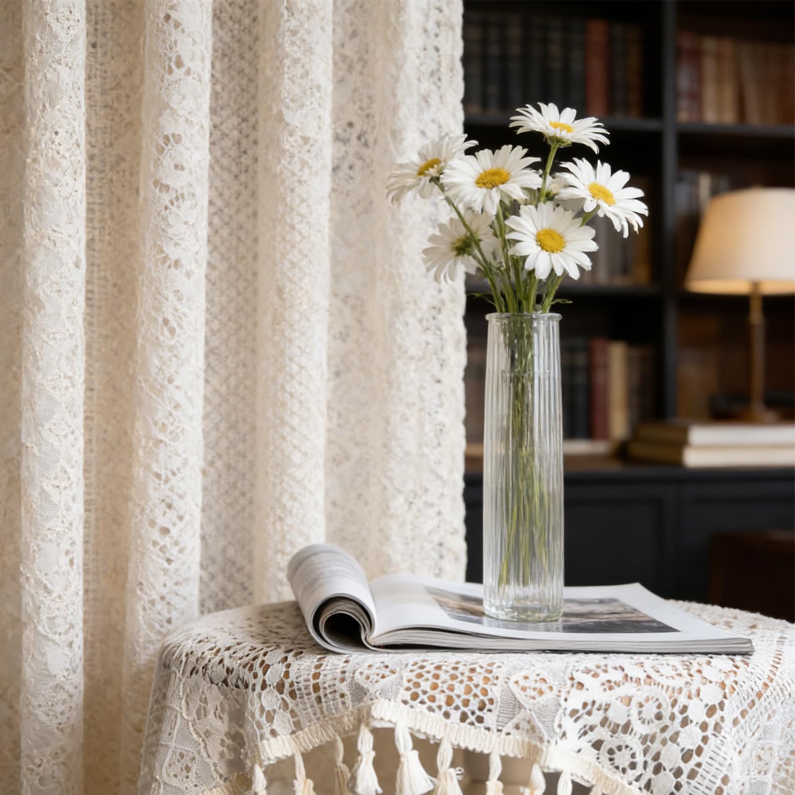 Lot de 2 rideaux bohèmes au crochet en coton style rustique vintage avec pompon, 150 x 160 cm, beige, pour salon, chambre à coucher, extérieur (beige-1)