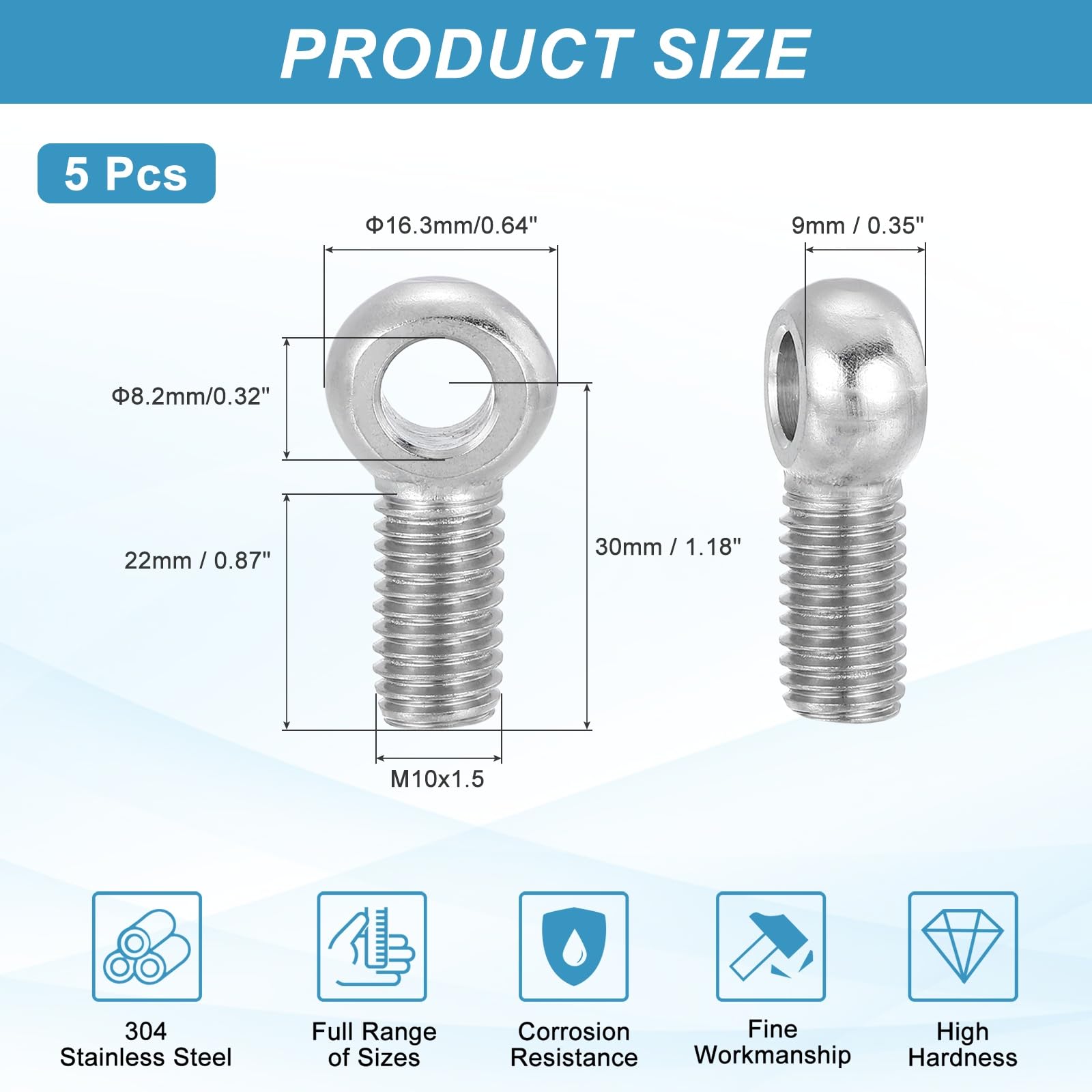 PATIKIL 5 Pcs M10x30mm Shoulder Swing Lifting Eye Bolt - Image 2
