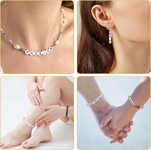 Miniatura 6 de 1900 cuentas de letras (0.27 x 0.18 pulgadas) con 1 rollo de línea de cristal, cuentas del alfabeto coloridas, cuentas de números para joyas,