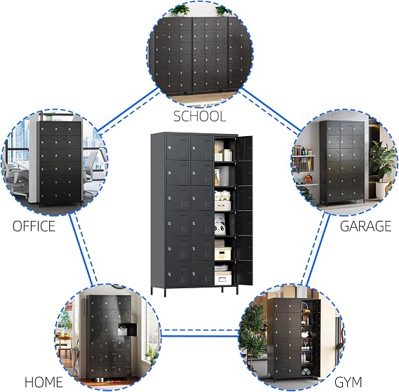 18-Door Metal Locker with Lockable Compartments, Black | 18 lockable compartments with vents and name slots for employee storage in offices, gyms, workshops and break rooms.