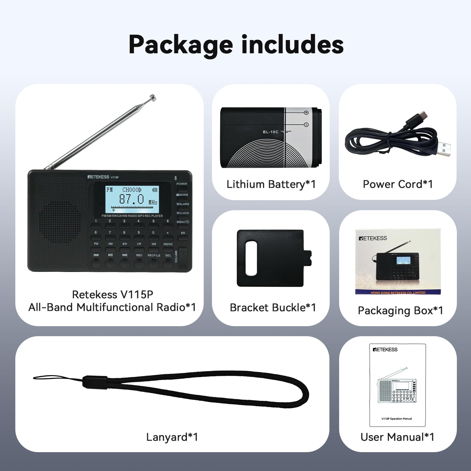 Retekess V115P Tragbares Digitales Radio,Radio Batteriebetrieben,AM FM SW LW WB,1800mAh Wiederaufladbare,TF/AUX,Aufnahme, Taschenlampe, Sleep-Timer, Wecker, für Notfälle, Camping