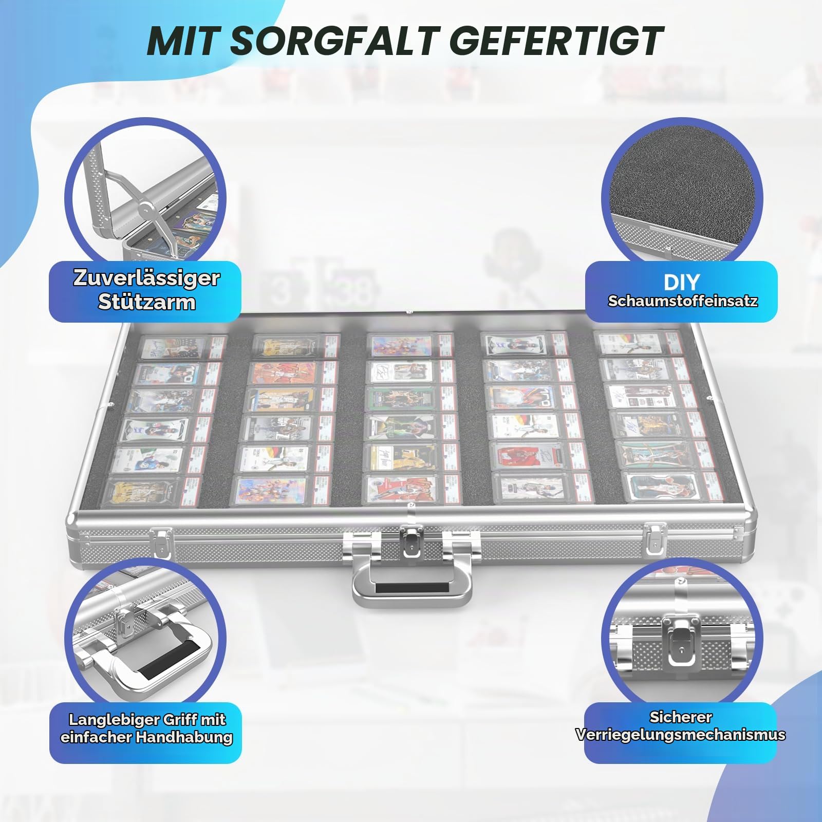 Aluminium-Karten-Vitrine mit Schloss und anpassbarem Schaumstoffeinsatz, große Glas-Tischvitrine für Sammelkarten, Schmuck, Sammelkarten, tragbare Acryl-Aufbewahrungsbox für Handel und Zuhause