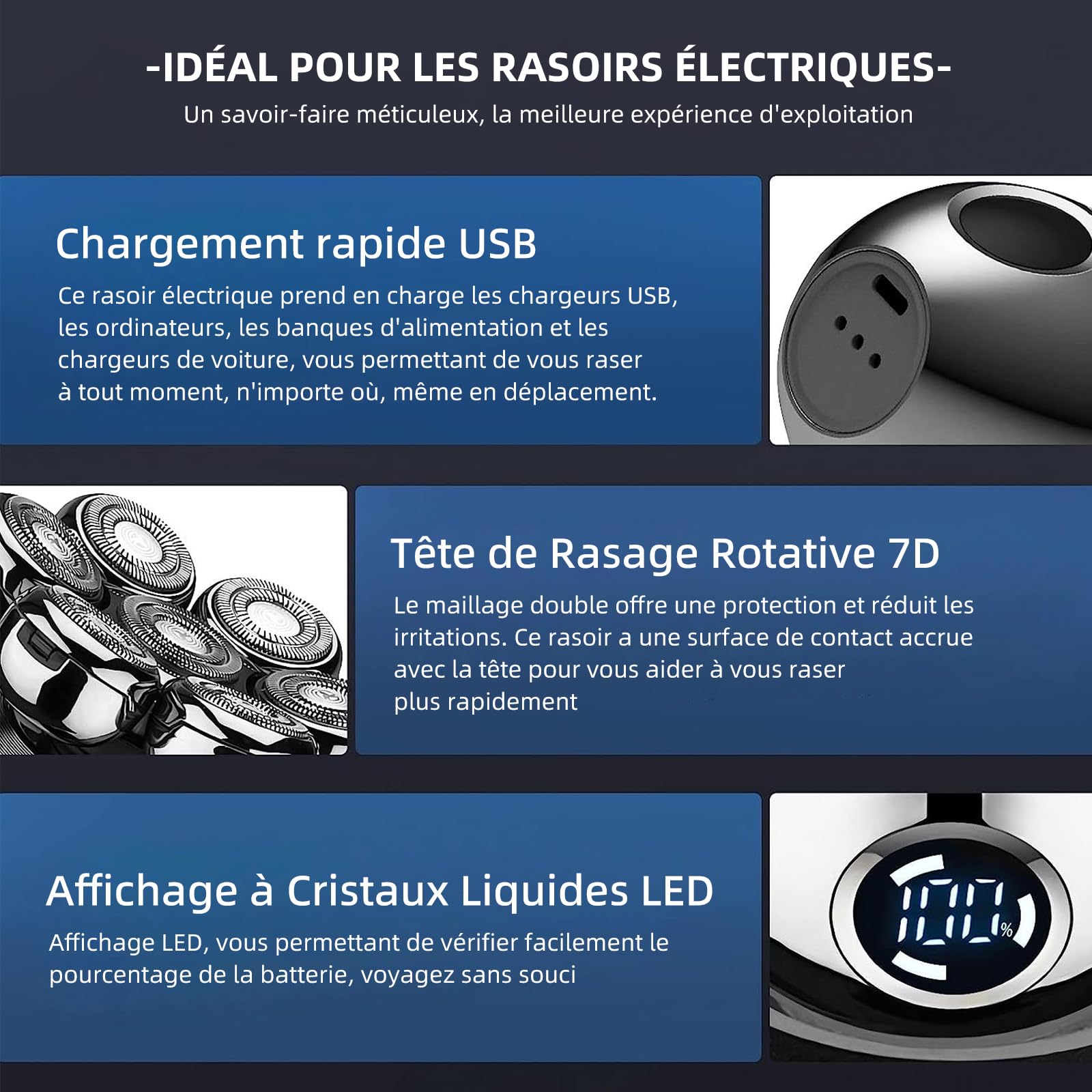 Rasoir Electriques Hommes, 6 in 1 Rasoirs à Têtes Rotatives, 7D Tondeuse Cheveux Hommes, IPX7 Étanche Rasoir Electriques Rechargeable Type-C et tondeuse nez Ave écran LED et Sec et Humide Portables