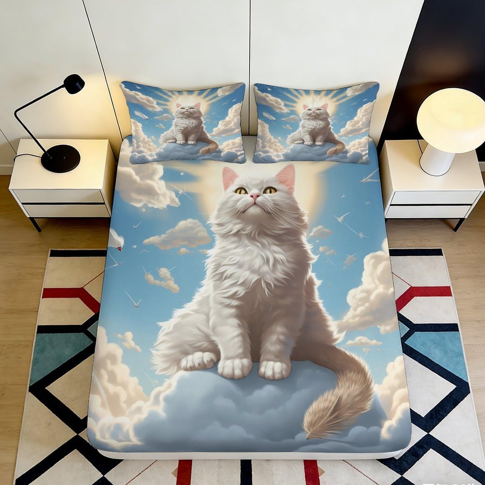 3D Printed Cloud Cat Fitted Sheet Microfiber Non-Slip Deep Pocket Bedding Cloud Cat Mattress Fitted Cover Full Wrap Washable for Adults Teens 140x200x25cm