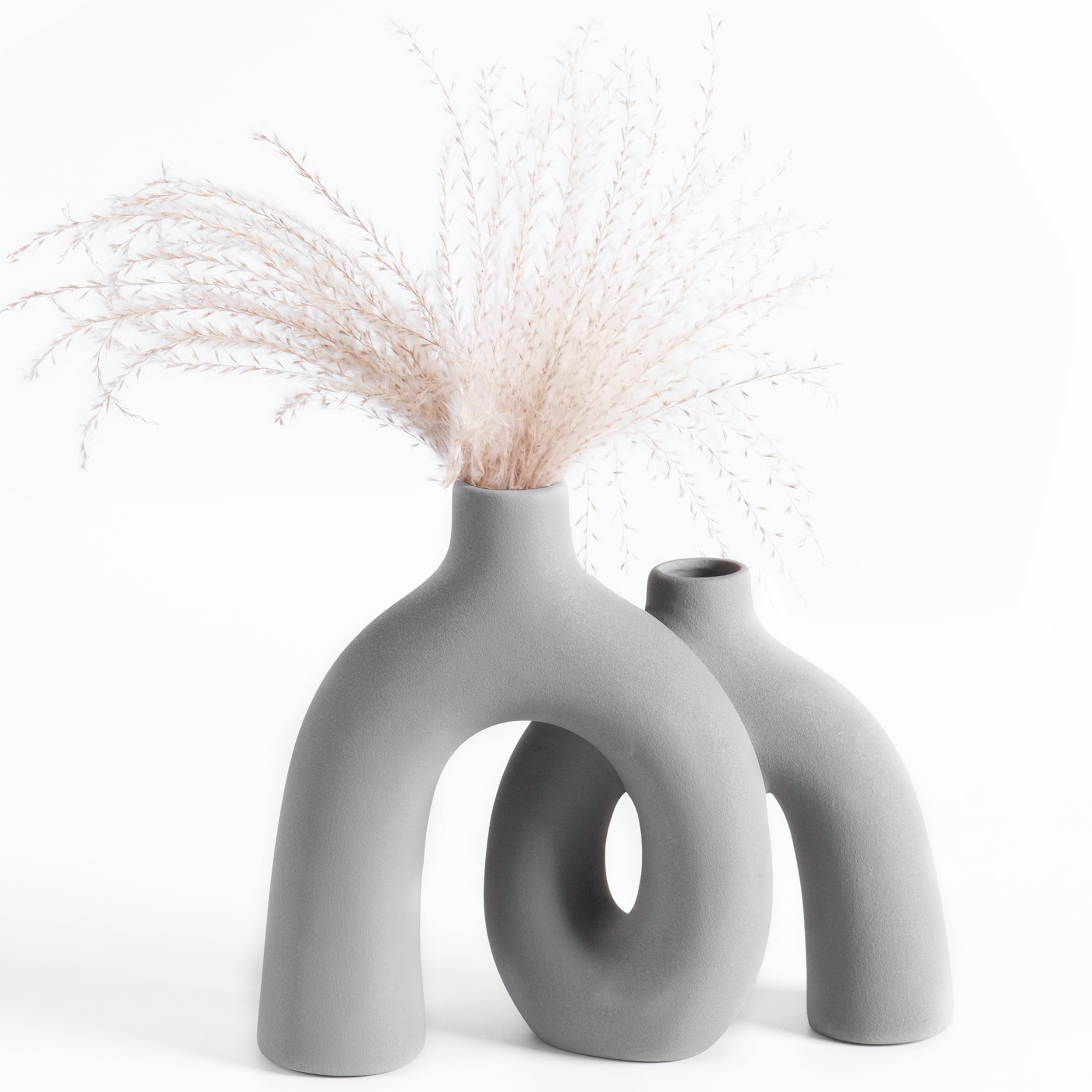 Ceramic Hug Vase (Soft Gray) JSHETN Modern Donut Style Hugging Vases for Flowers Minimalist Decor – Hollow Ceramic Waterproof Home Decor Vases for Living Room, Bed Room, Book Shelf, Entryway Table.