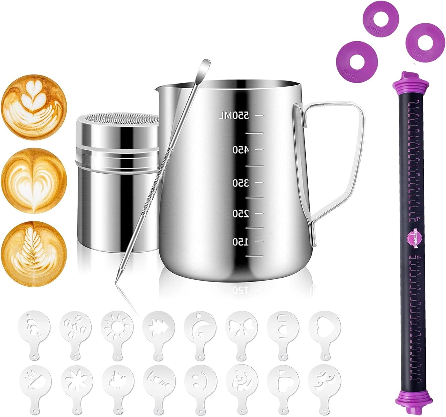 1Pack Rolling Pin with Thickness Rings and 1Pack Stainless Steel Milk Frothing Pitcher