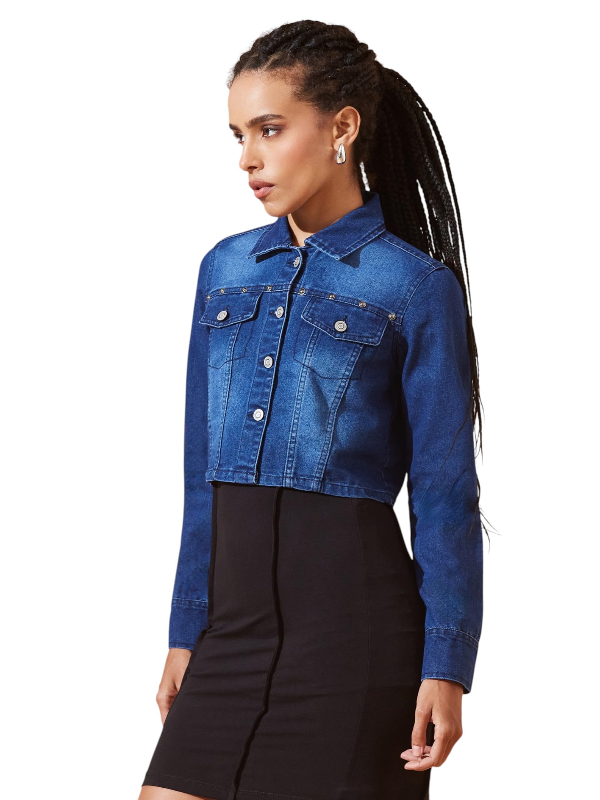 dolce crudo Women's Polo Neck Full Sleeves Buttoned Denim Embellished Cropped Jacket-picture-14