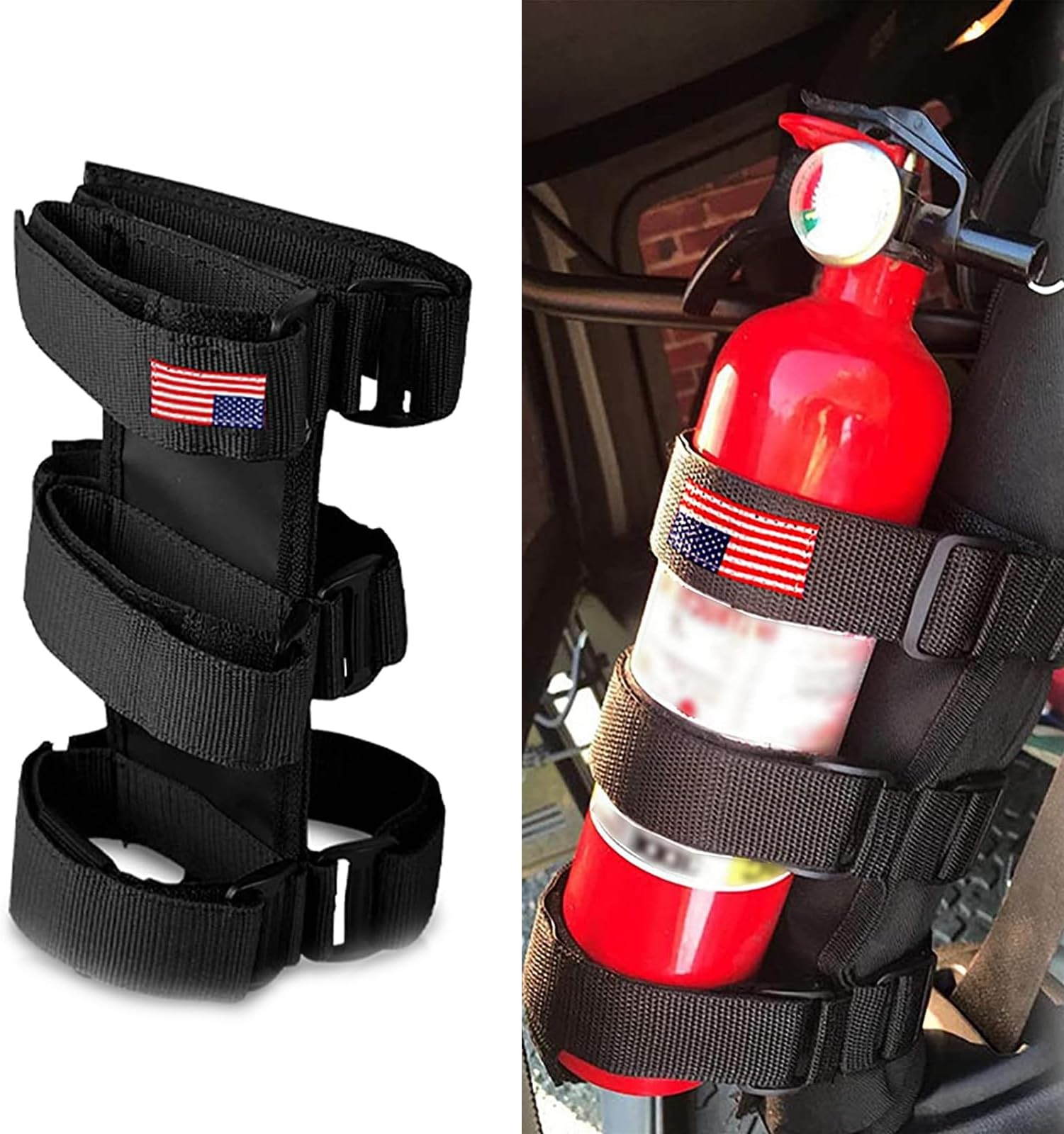 gunhunt 1 PC Fire Extinguisher Mount, American Flag Roll Bar Fire Extinguisher Holder Strap, Adjustable Fire Extinguisher Fixed Belt for Jeep Wrangler 1965-2022 JK JKU TJ CJ Gladiator (Black)
