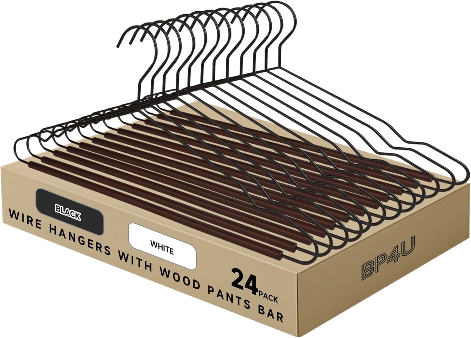 Wire Hangers with Wood Pants Bar, 24-Pack Metal Hangers with Smooth Lotus Wooden Bar for Dresses, Pants, Sweaters, Jackets, and Heavy Clothes (Black)