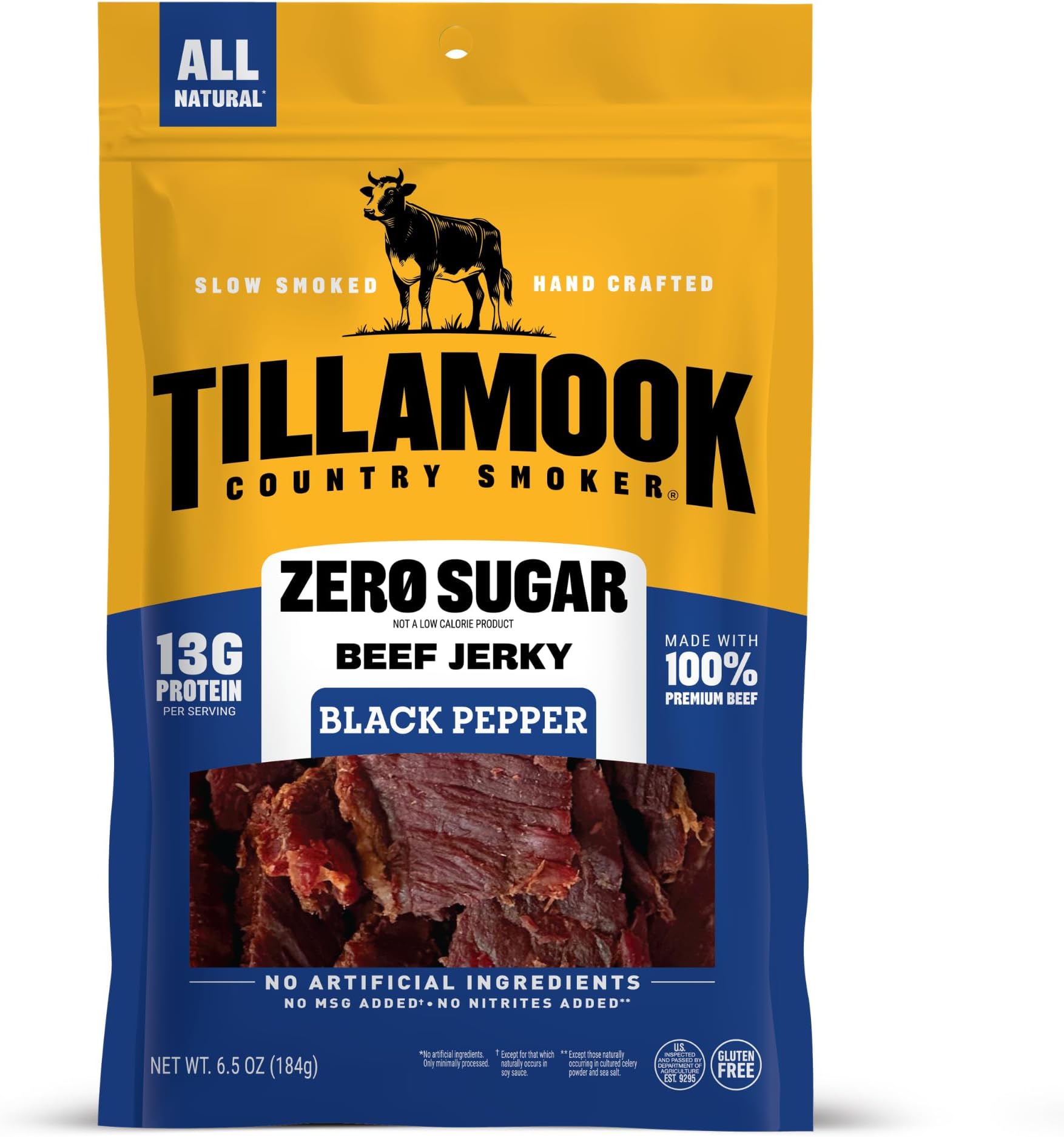 Tillamook Country Smoker Zero Sugar Black Pepper Beef Jerky Sticks, 6.5 Oz, 14g Protein, Real Hardwood Slow-Smoked, High Protein, Low Carb Meat Snacks, Keto-Friendly, 0g Sugar & Total Carbs