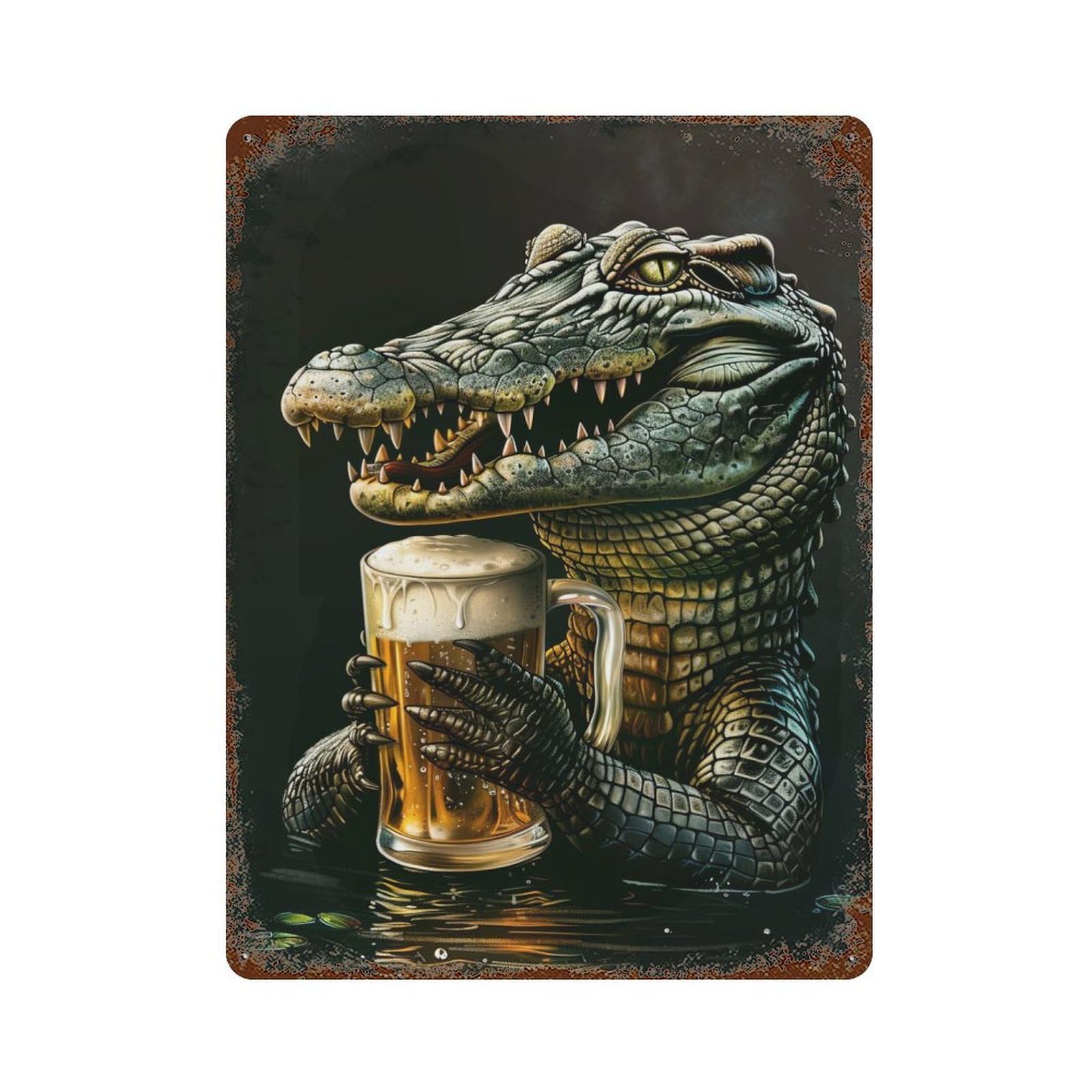 Garage Style Crocodile Beer Rustic Tin Plaque 15.7"x11.8", Classic Wall Plaque for Bar And Workshop