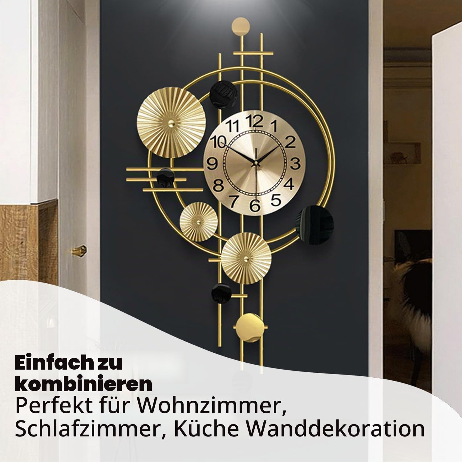 Große Wanduhr für Wohnzimmer, leises Quarzwerk, nicht tickend, batteriebetrieben, dekorative analoge große Wanduhr für Küche, Schlafzimmer, Zuhause, Büro, Wanddekoration, 45,2 x 78 cm (Gold)