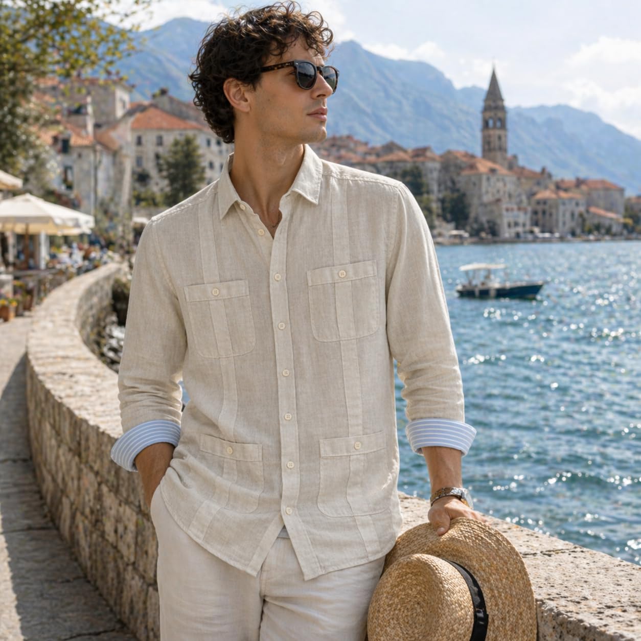 Chemise guayabera en lin pour homme, manches longues avec 4 poches et sacoches style cubain décontracté, pour plage, été et mariage, respirante et légère