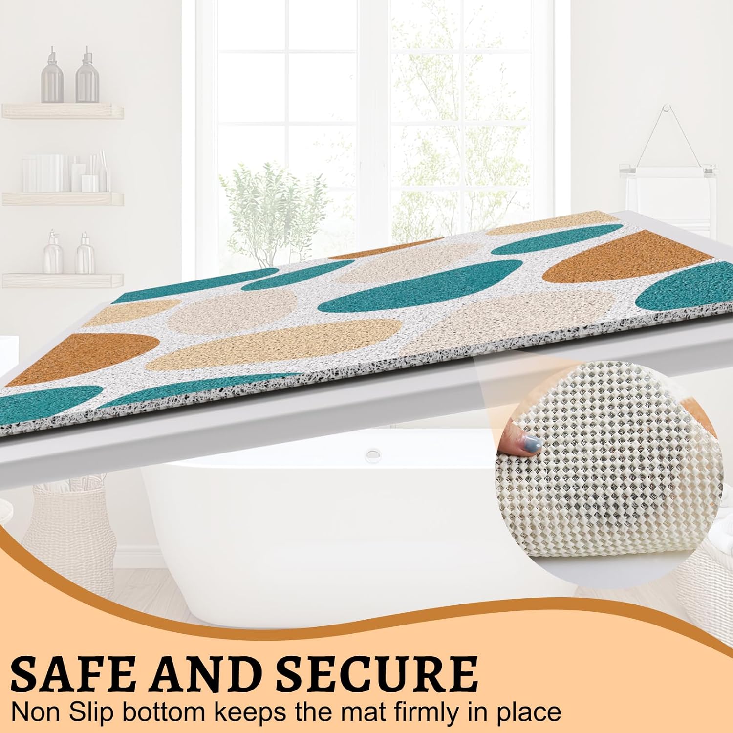 Anti Slip Shower Mat, 31 x 31 Inch Square Soft PVC Loofah Bath Mat for Inside Shower Stall, Extra Large Soft Trimmable Shower Floor Mat Non Slip for Home, Hotel, Bathroom, Easy to Clean, Khaki Stone