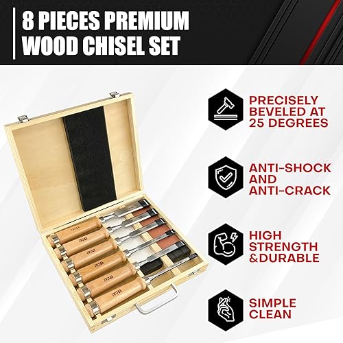 Miniatura 5 de C&T Juego de cinceles de madera de alta calidad de 8 piezas con estuche de madera, 6 cinceles de madera con 2 piedras de afilar, kit de cincel de