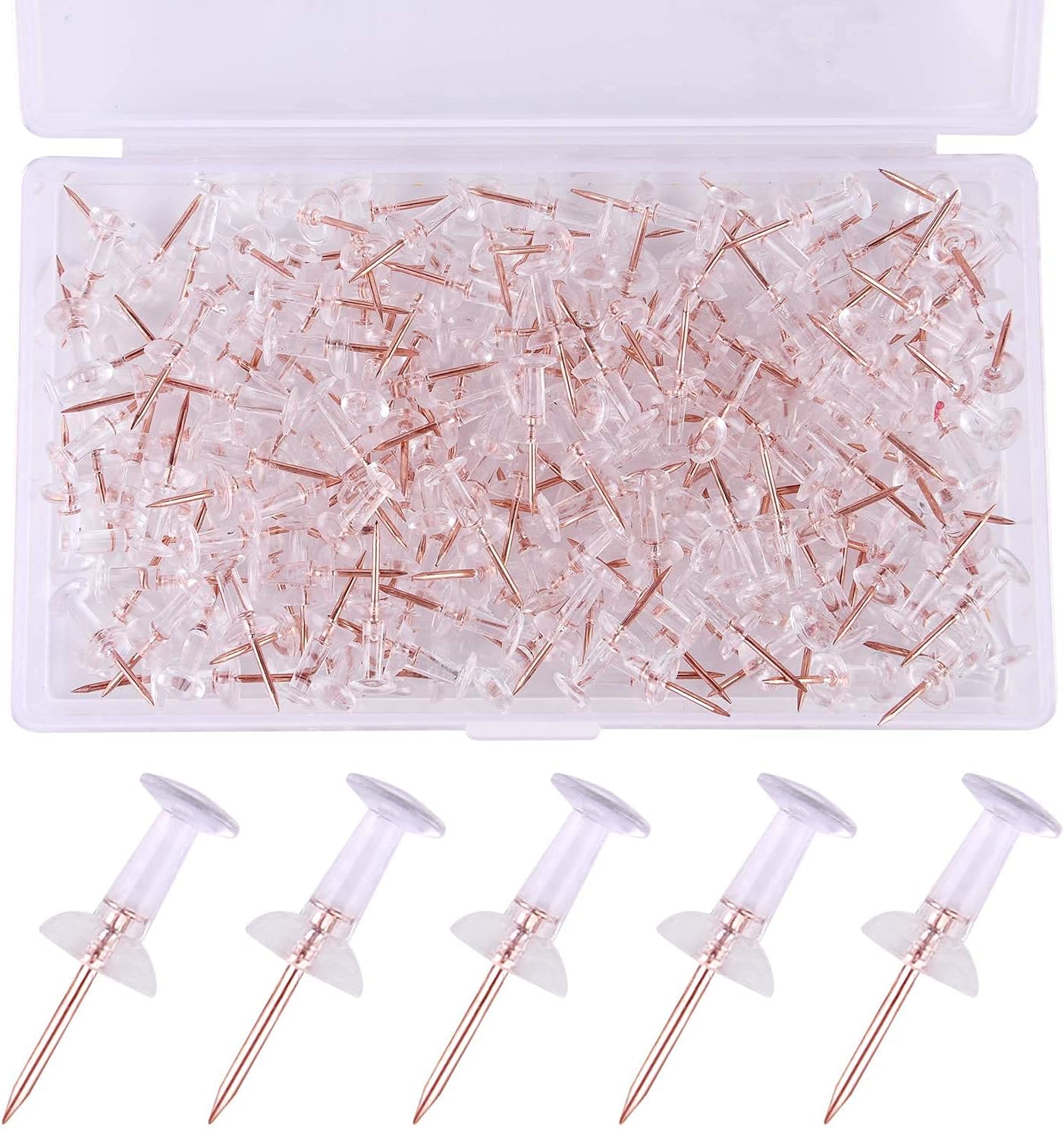 160 Count Rose Gold Push Pins Thumb Tacks Map Pins Steel Point and Transparent Plastic Head with 1 Storage Box for Cork Notice Board (Rose Gold)