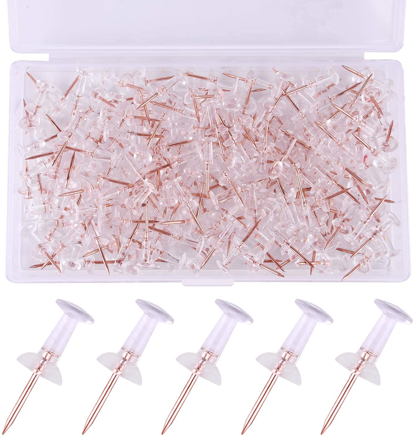160 Count Rose Gold Push Pins Thumb Tacks Map Pins Steel Point and Transparent Plastic Head with 1 Storage Box for Cork Notice Board (Rose Gold)
