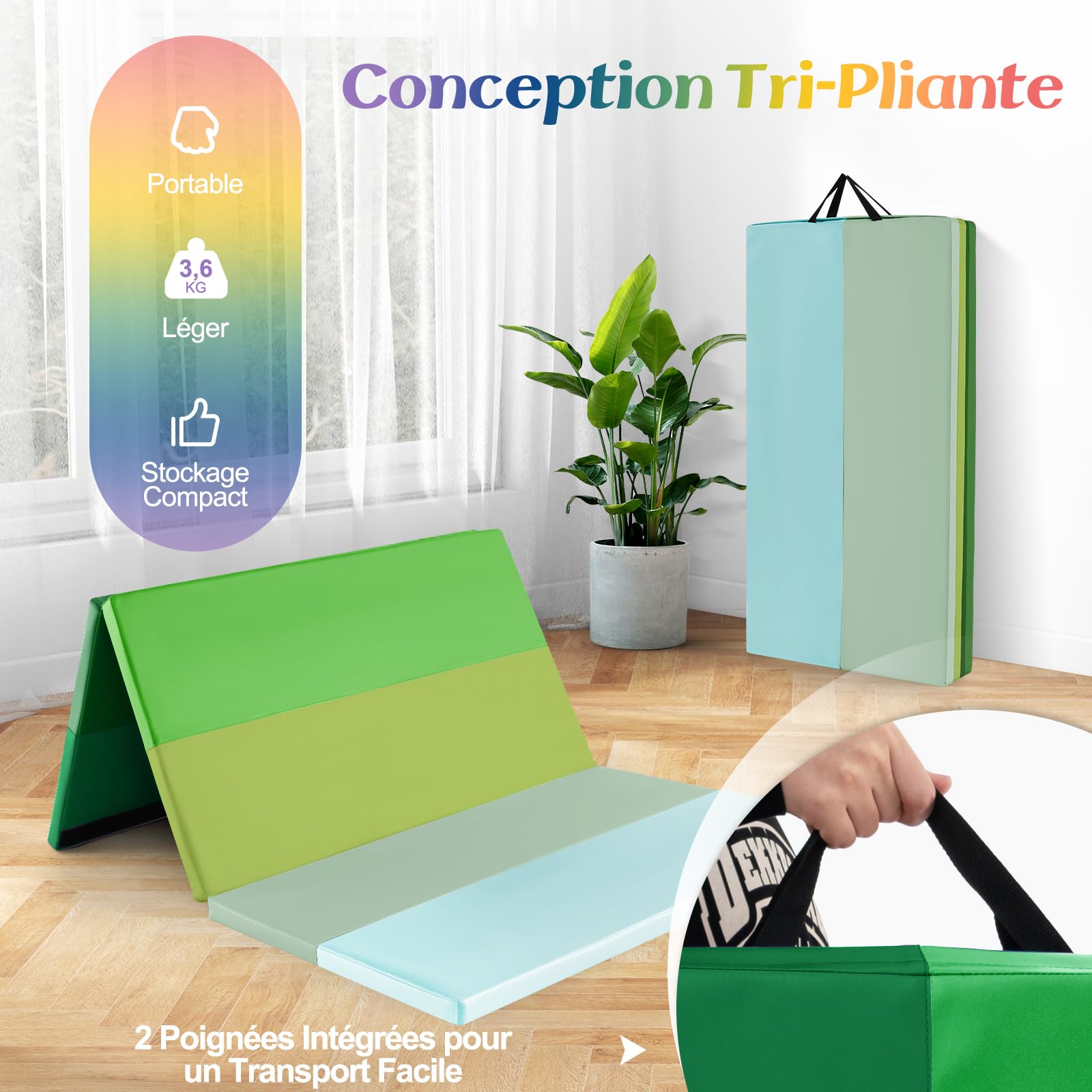 GOPLUS Tapis de Gymnastique Pliable Epais 3 Plis, 180 x 120 x 4 cm, Tapis de Gym en Cuir avec Attache Auto-agrippante, Matelas de Gym avec Poignée de Transport, pour Etirements, Yoga, Arts Martiaux