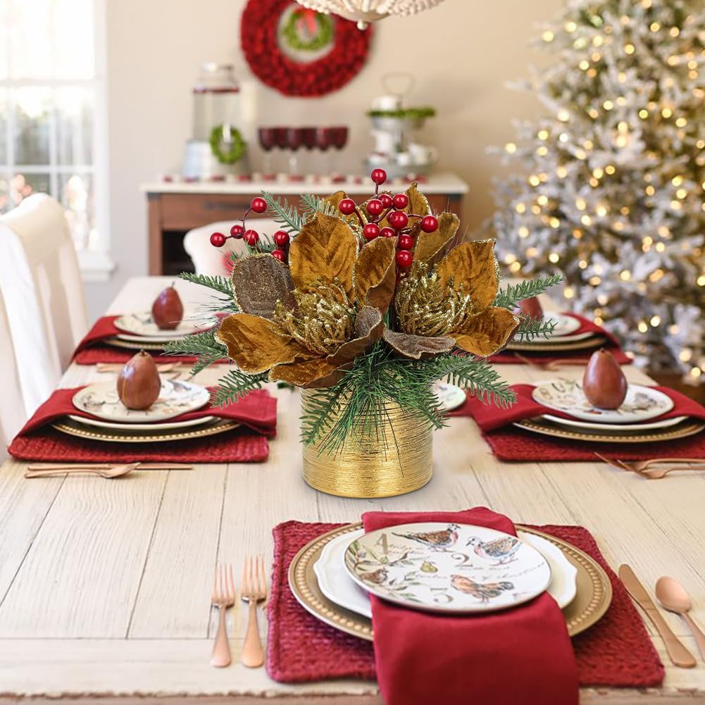 13 inch Brown Christmas Table Centerpiece 5" Glitter Magnolia Flower and Berries Fir Greenery Artificial Christmas Floral Centerpiece in Ceramic Pot Tabletop Xmas Table Arrangement Decoration