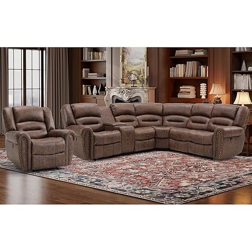 EBELLO L-Shaped Power Reclining Sectional Sofa Set, Faux Leather Corner Couch Home Furniture Set with Storage Console, Cup Holders, USB Port(Coffee Brown,Sofa with Recliner)