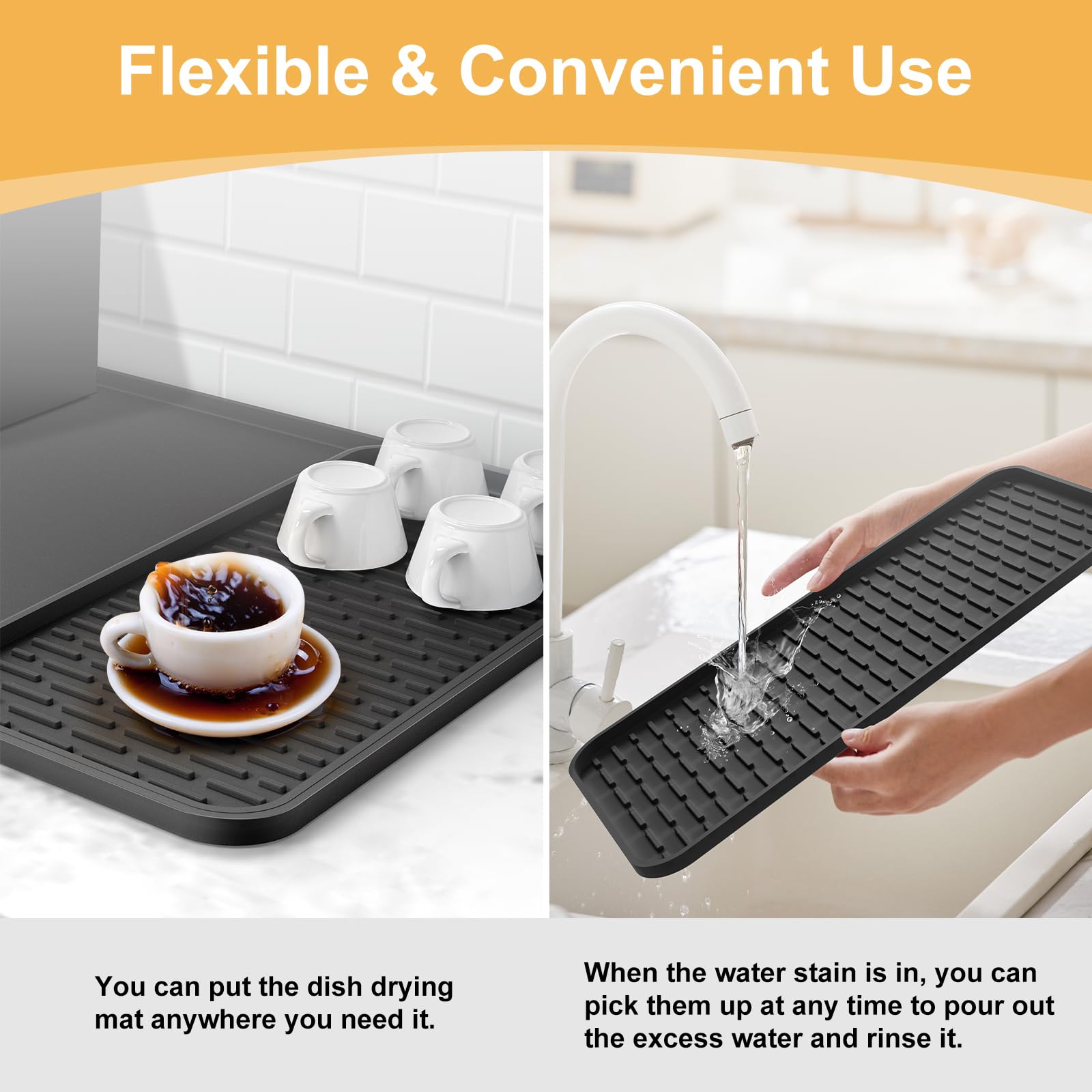 Tapete de café de silicona, tapete de barra de café de 16 x 16 pulgadas con tapete de secado de platos desmontable para encimeras de cocina, accesorios de barra de café que se ajustan debajo de la